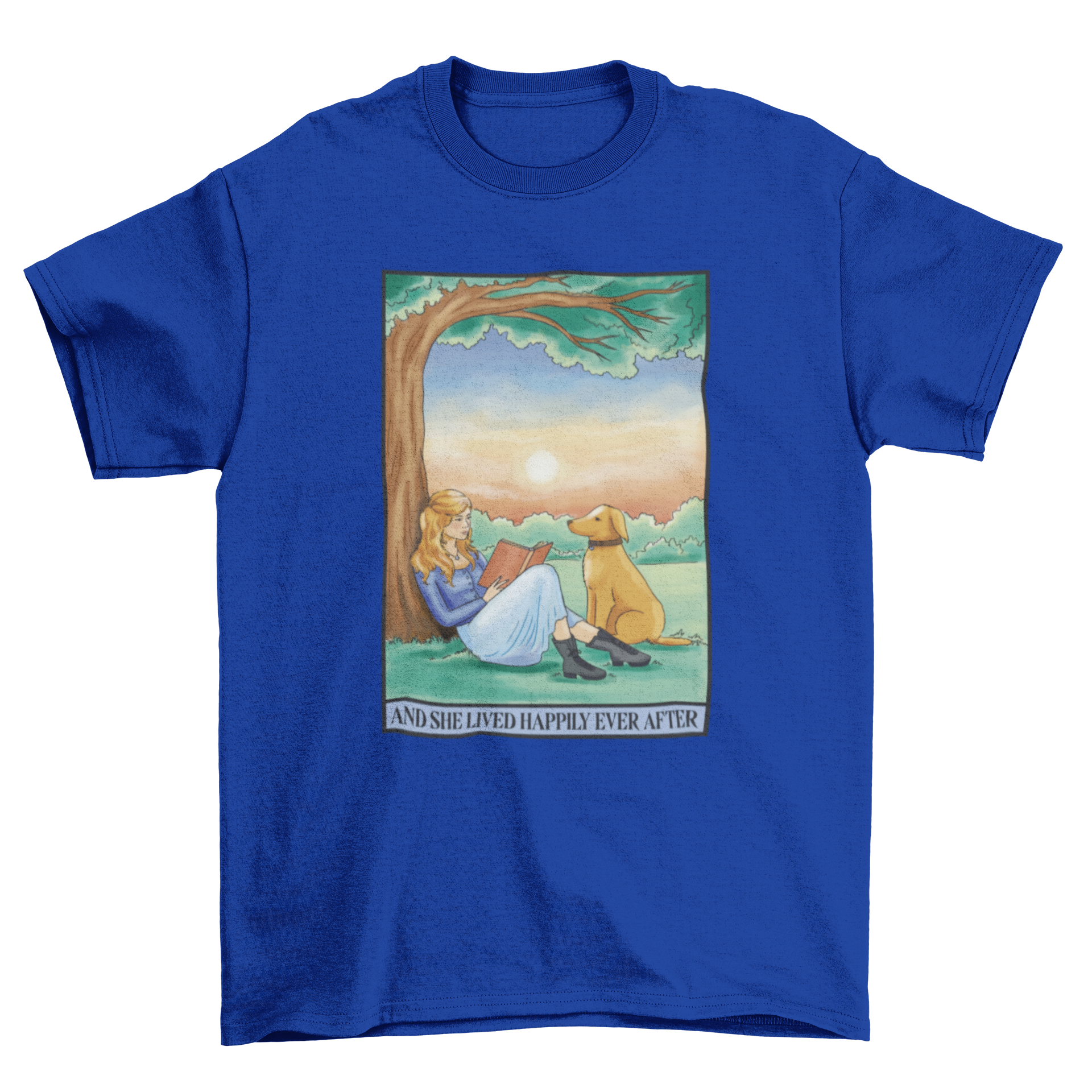 A charming t-shirt design featuring a girl reading to her dog under a tree with an inspirational quote.