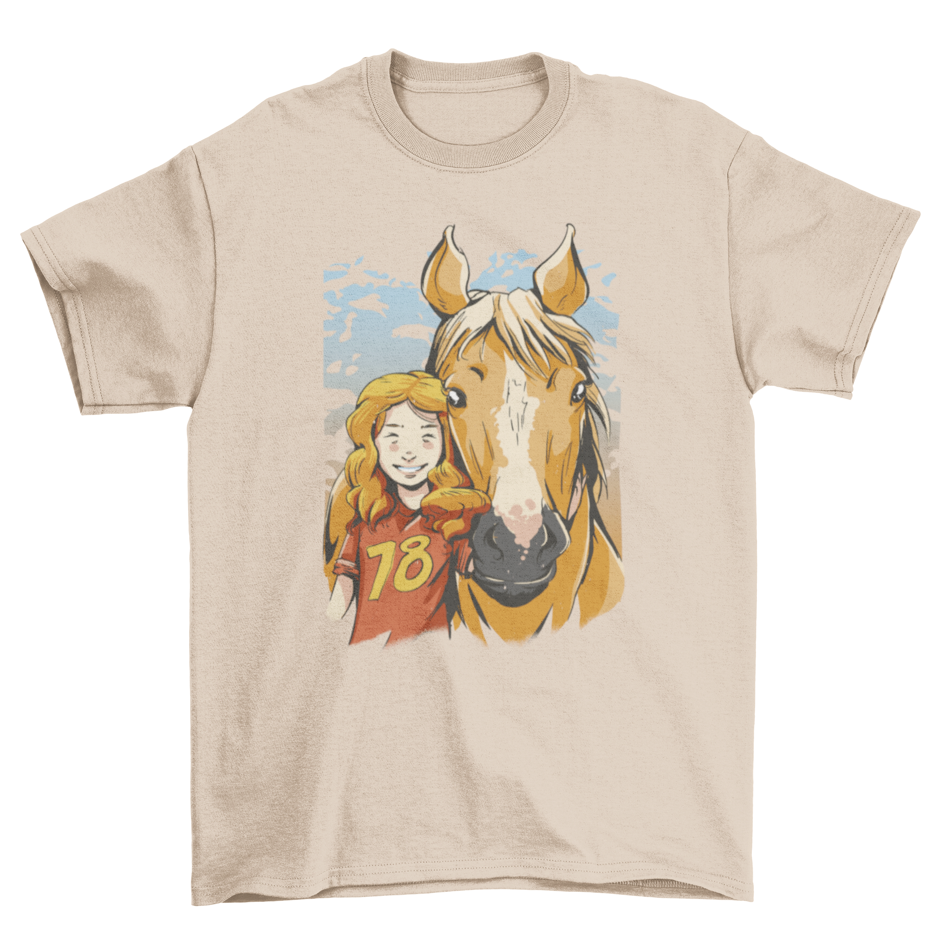 A cute t-shirt featuring a portrait of a girl with her horse, showcasing a beautiful bond between them.