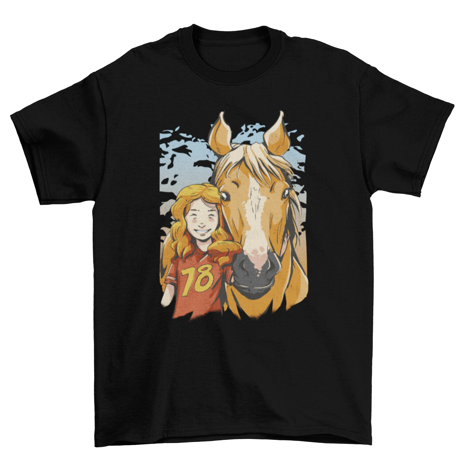 A cute t-shirt featuring a portrait of a girl with her horse, showcasing a beautiful bond between them.