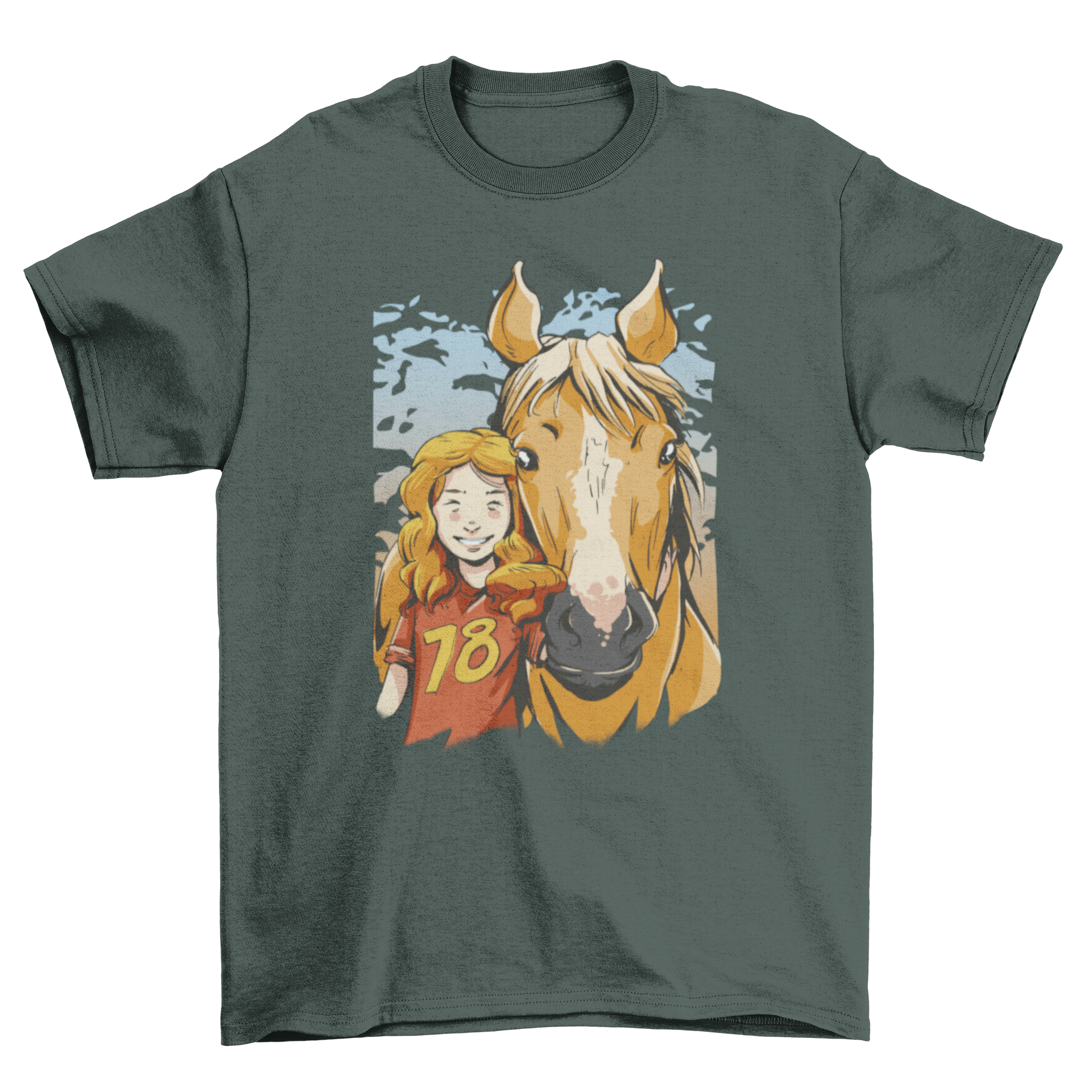 A cute t-shirt featuring a portrait of a girl with her horse, showcasing a beautiful bond between them.