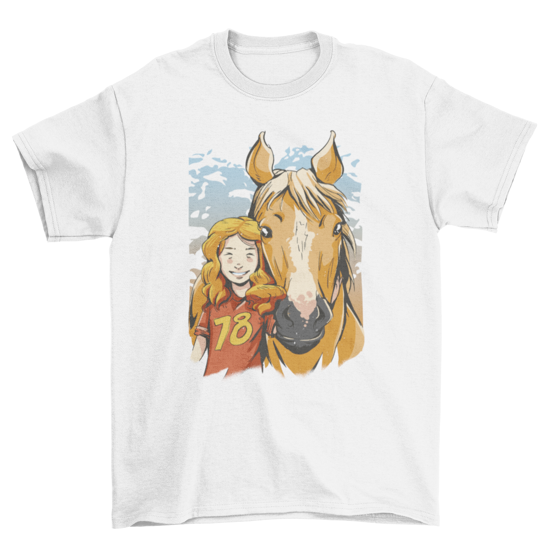 A cute t-shirt featuring a portrait of a girl with her horse, showcasing a beautiful bond between them.