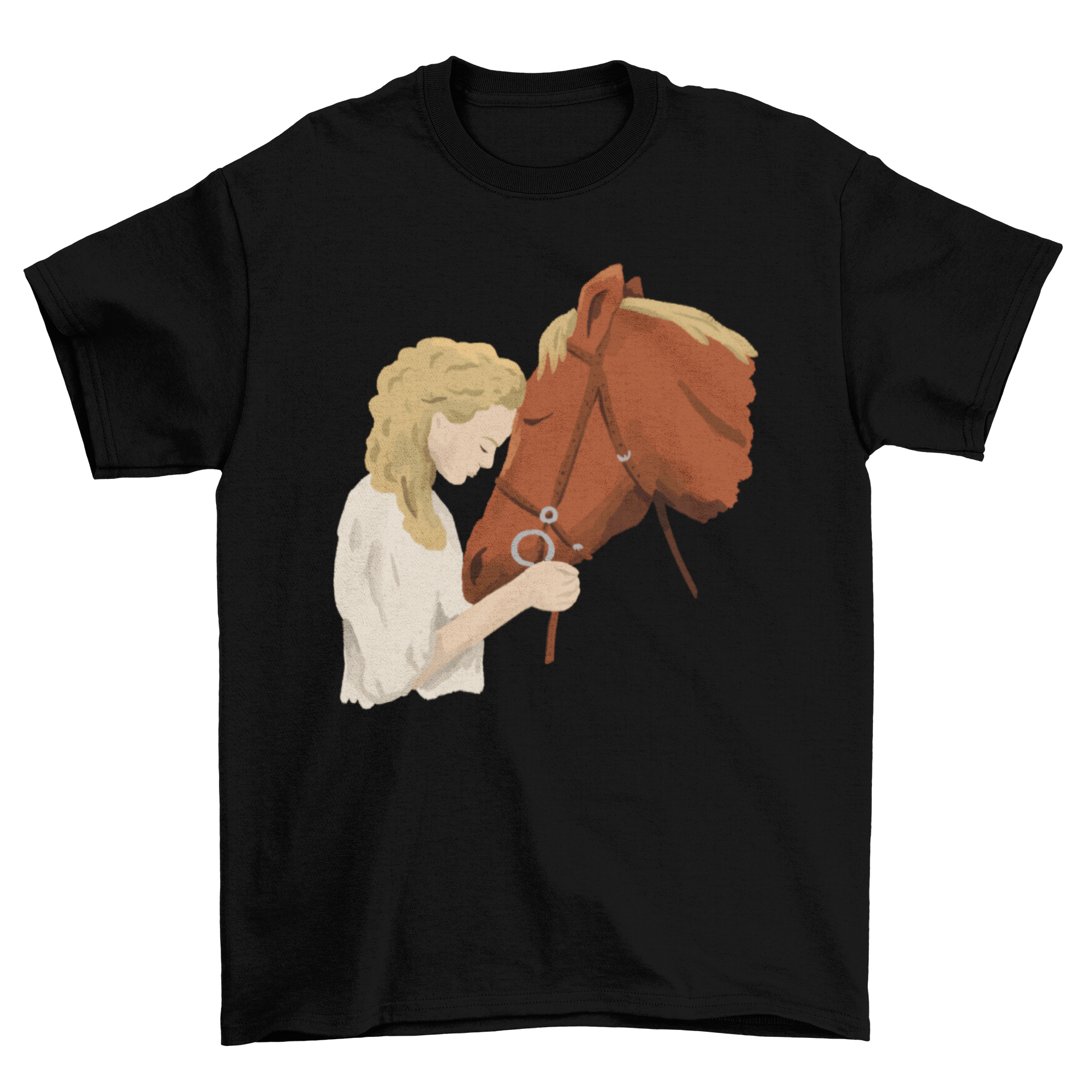 A beautiful girl and horse t-shirt featuring a watercolor illustration of a girl with her horse, showcasing their bond.