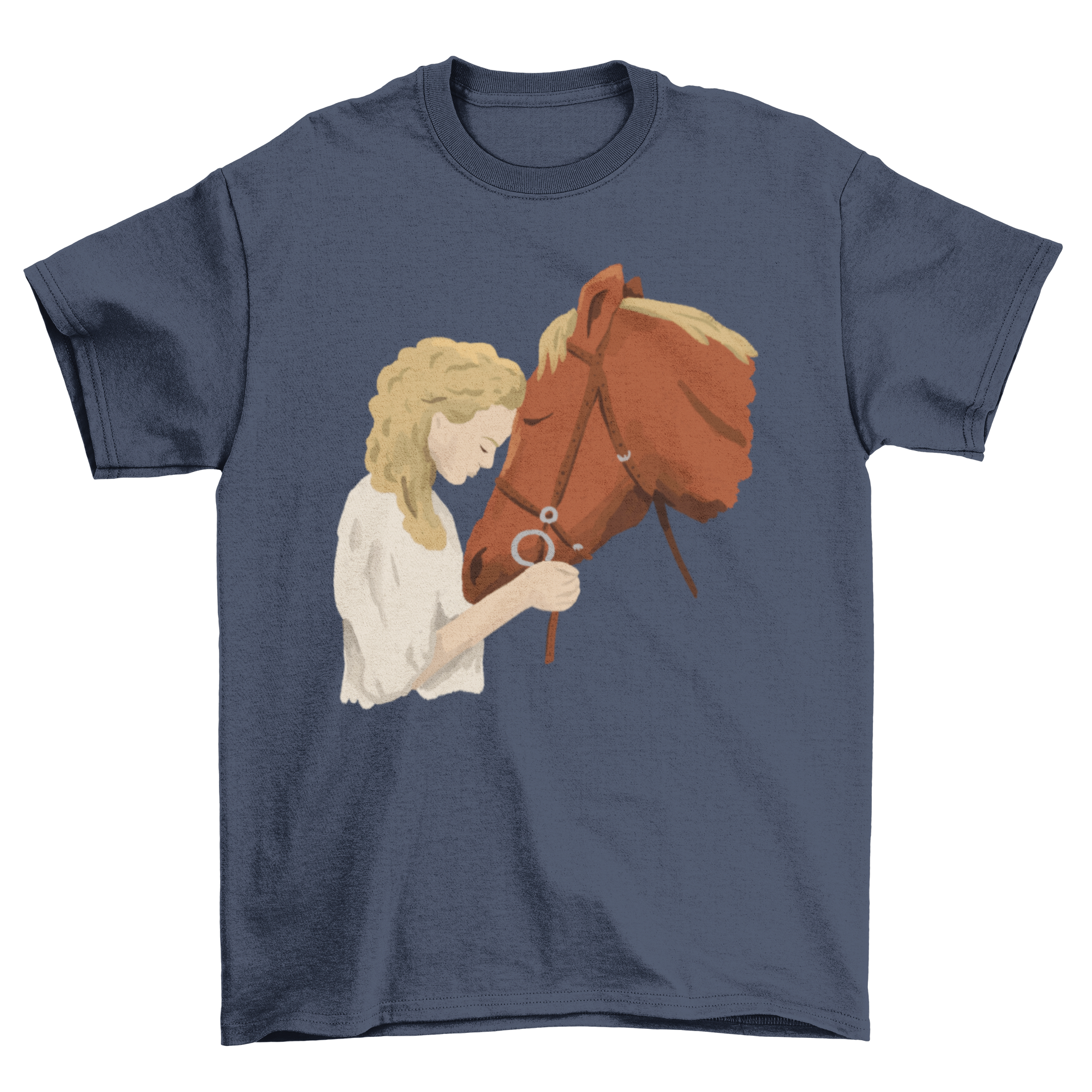 A beautiful girl and horse t-shirt featuring a watercolor illustration of a girl with her horse, showcasing their bond.