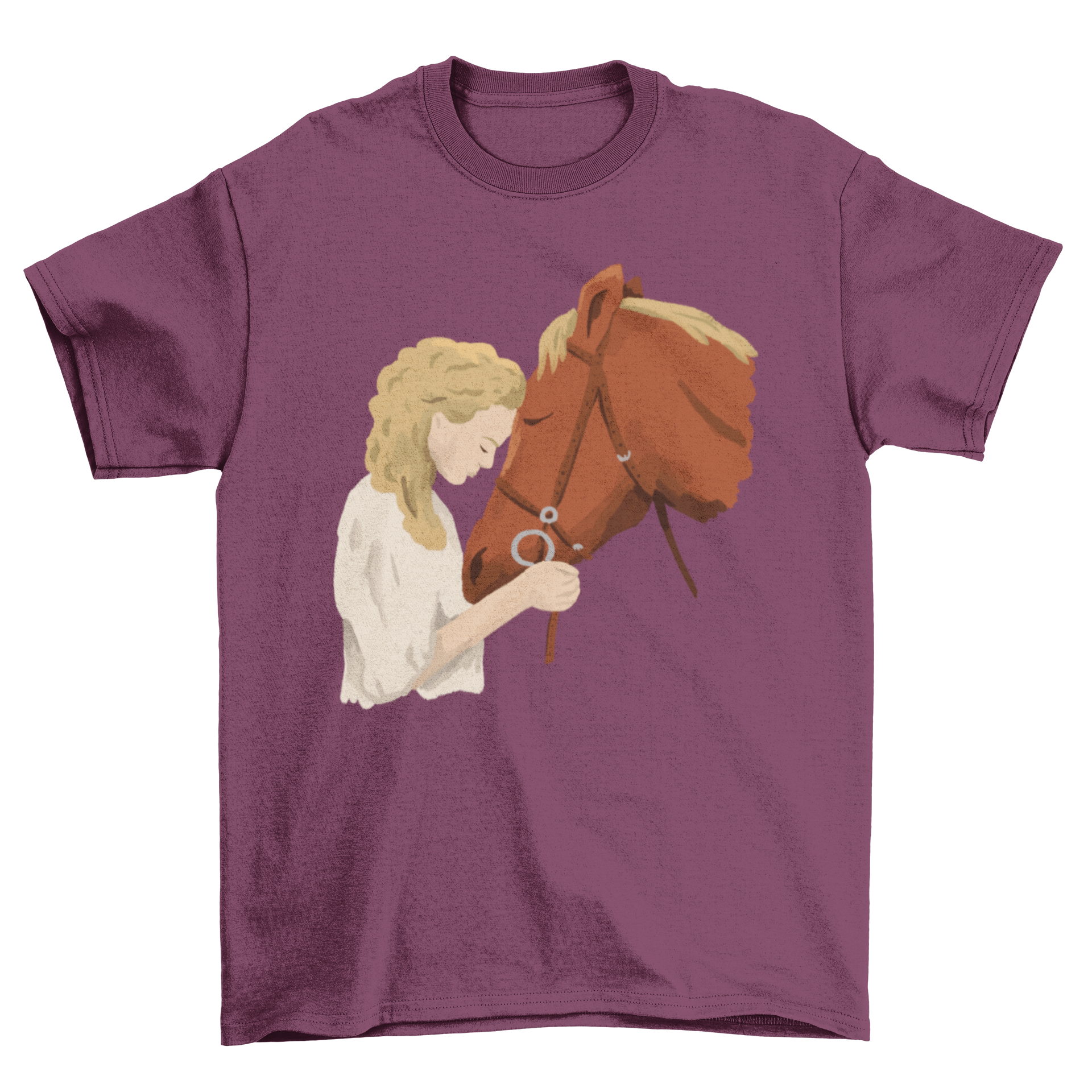 A beautiful girl and horse t-shirt featuring a watercolor illustration of a girl with her horse, showcasing their bond.