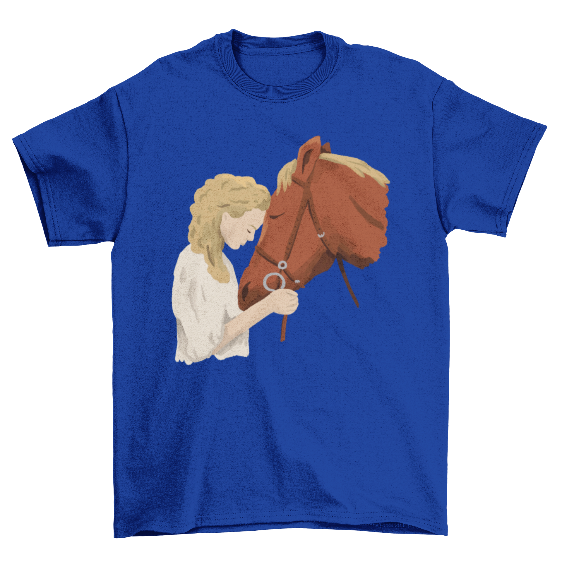 A beautiful girl and horse t-shirt featuring a watercolor illustration of a girl with her horse, showcasing their bond.