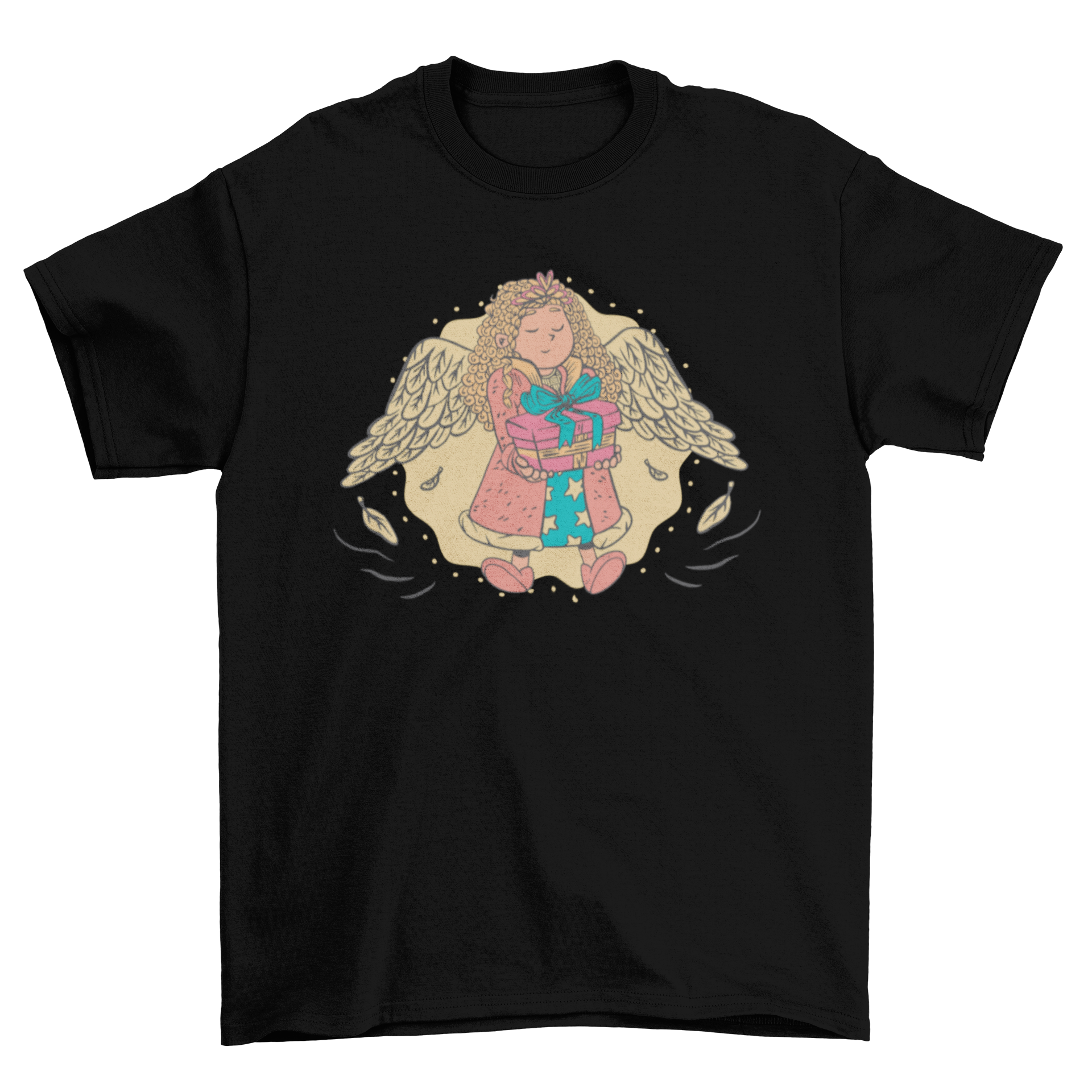 A cute girl angel t-shirt featuring an illustration of a little angel girl holding a present, perfect for children.