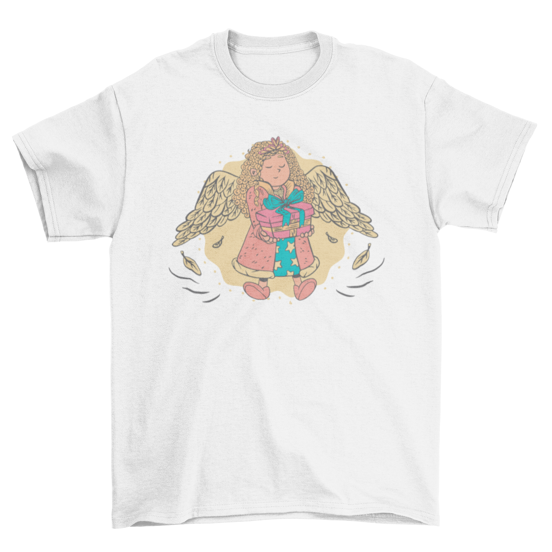 A cute girl angel t-shirt featuring an illustration of a little angel girl holding a present, perfect for children.