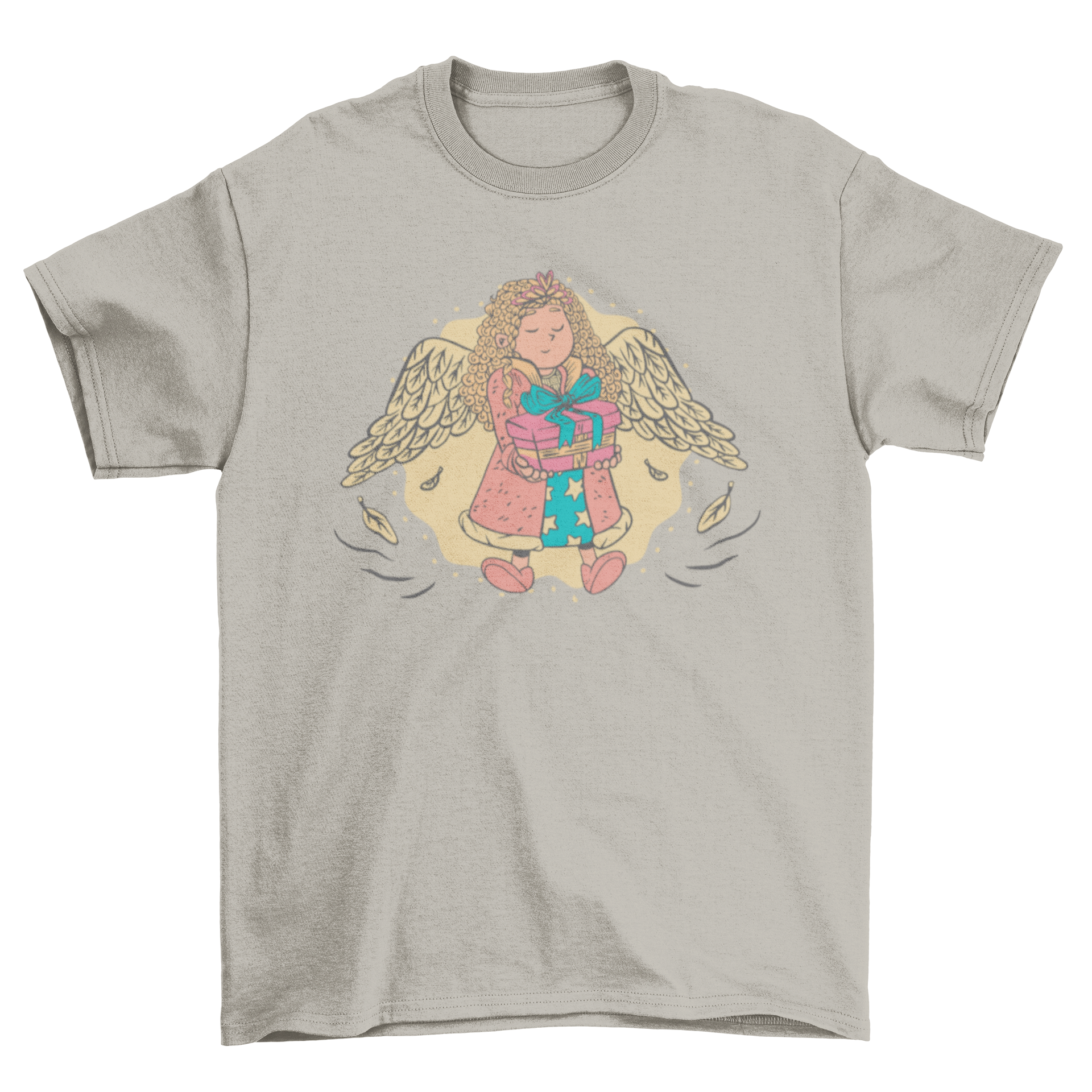 A cute girl angel t-shirt featuring an illustration of a little angel girl holding a present, perfect for children.