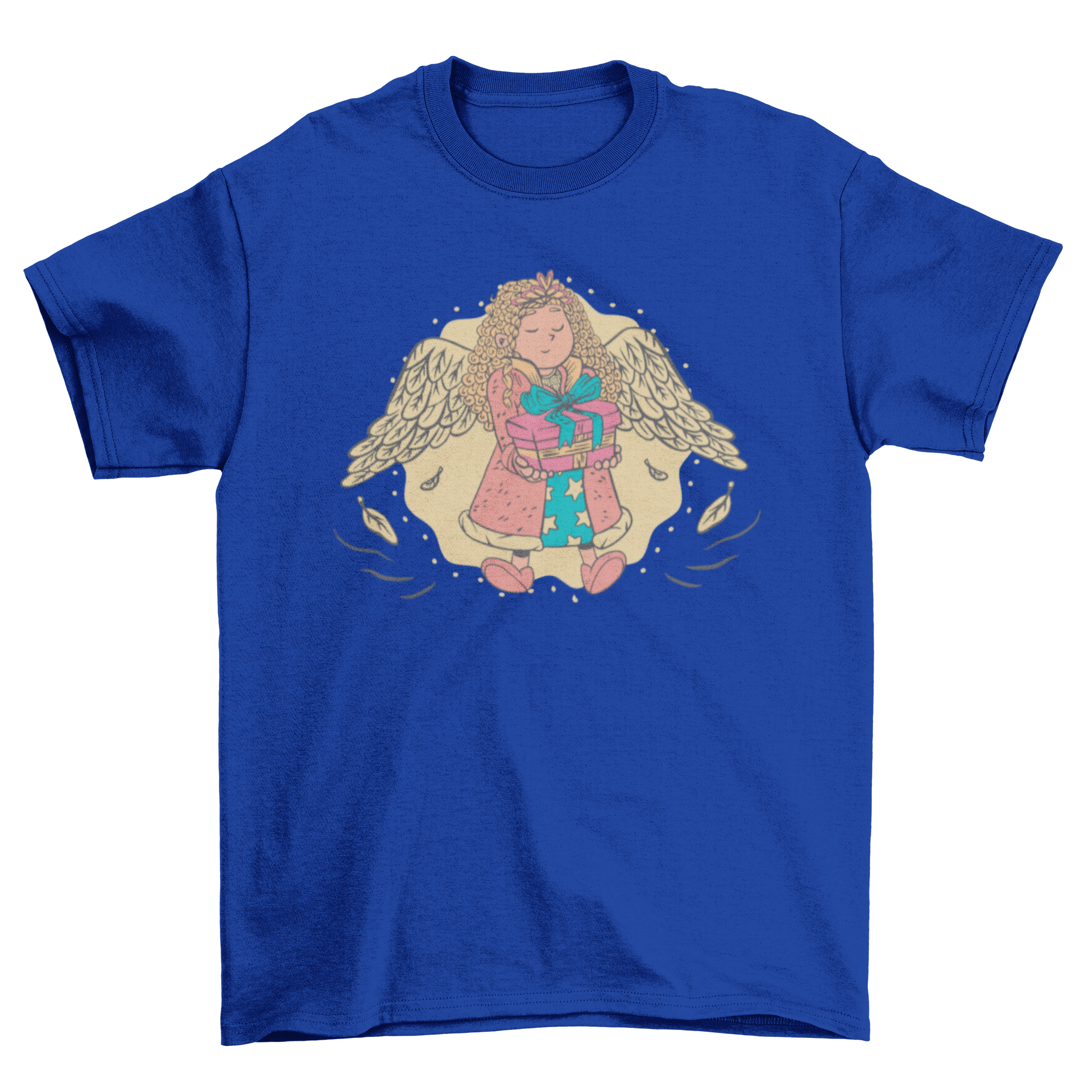 A cute girl angel t-shirt featuring an illustration of a little angel girl holding a present, perfect for children.