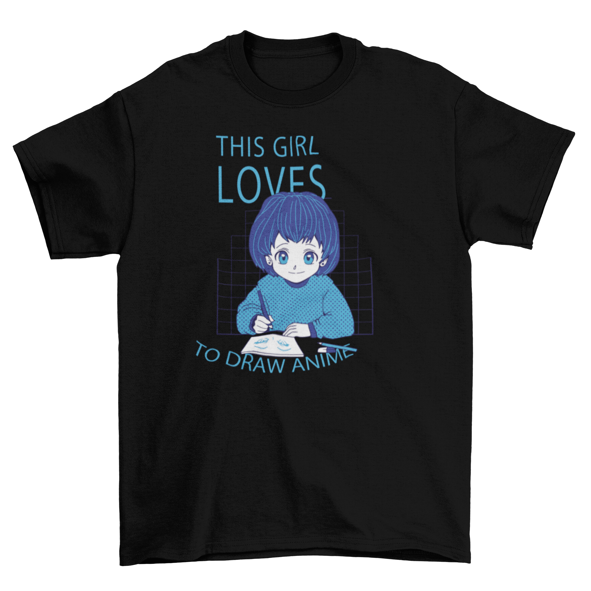 A stylish t-shirt featuring an anime girl illustration and the quote 'This girl loves to draw anime'.