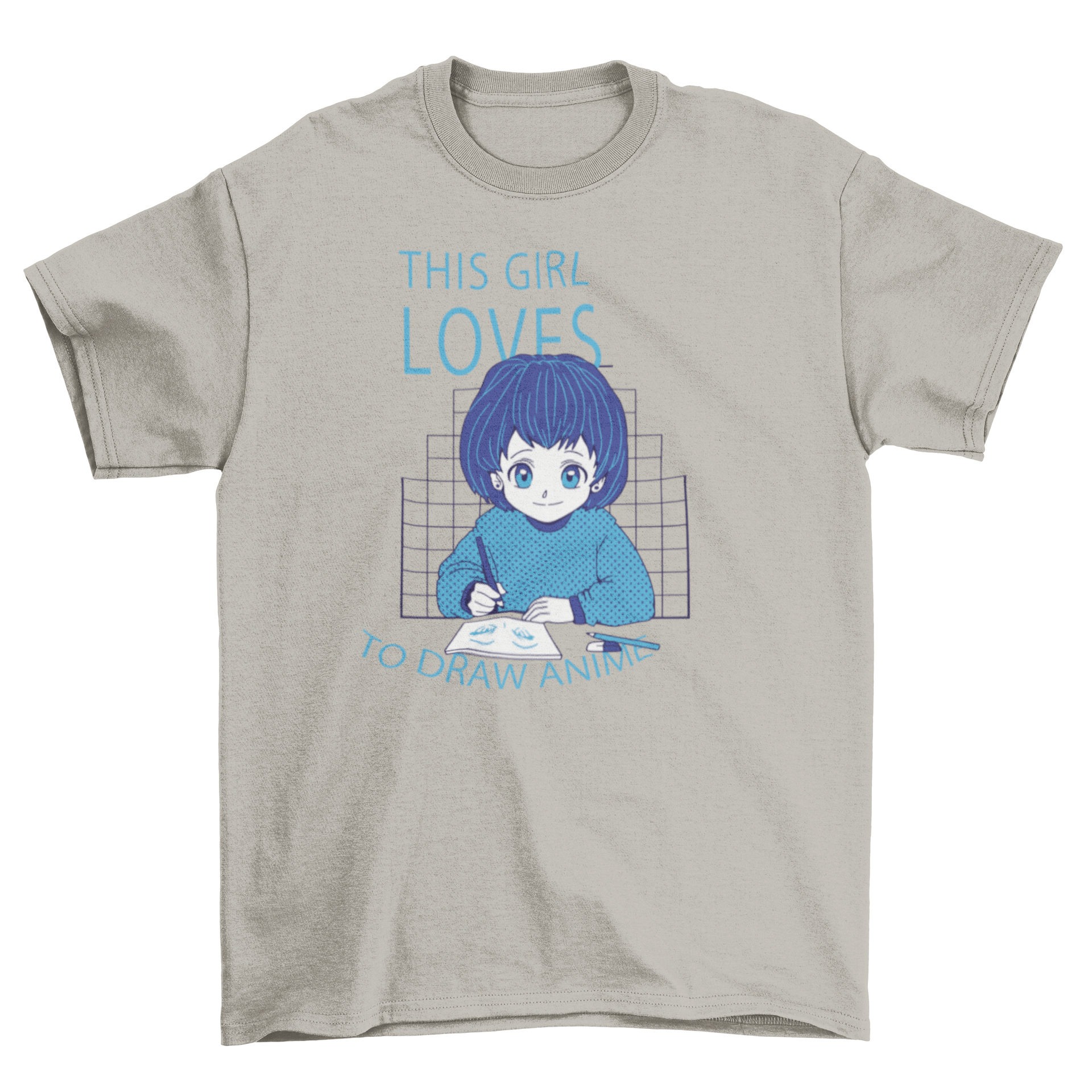 A stylish t-shirt featuring an anime girl illustration and the quote 'This girl loves to draw anime'.