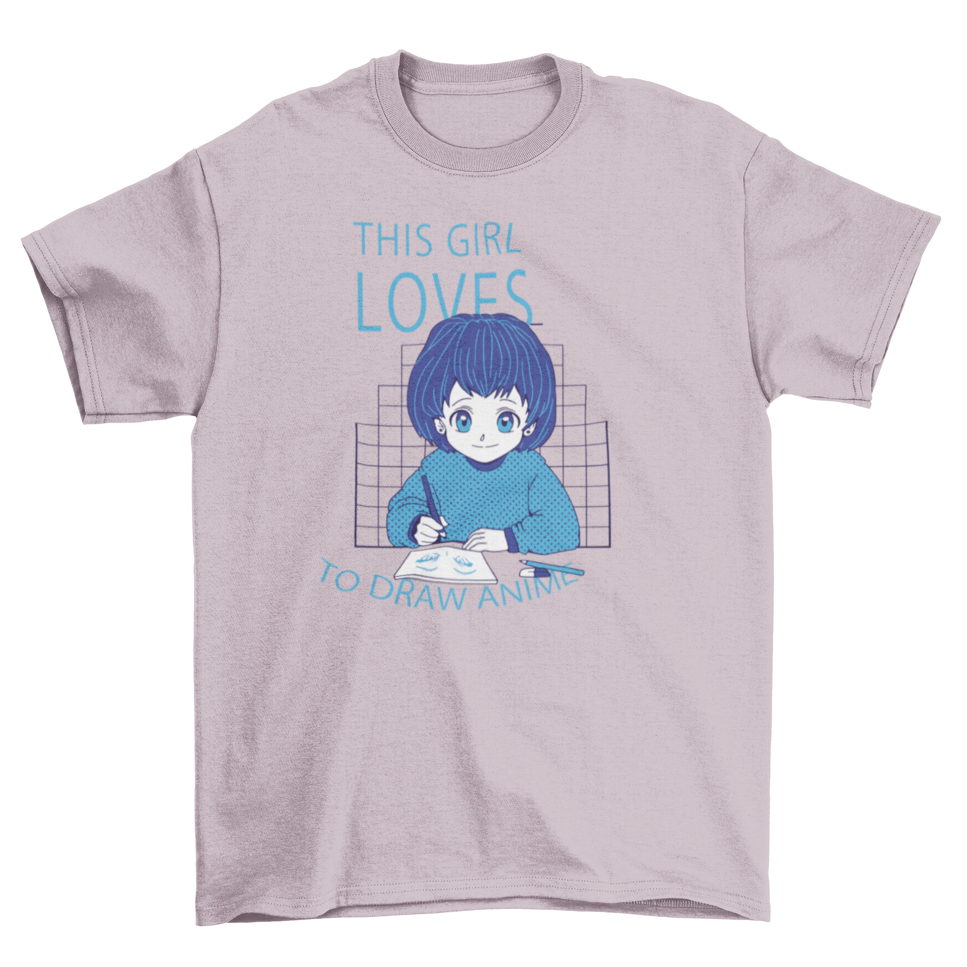 A stylish t-shirt featuring an anime girl illustration and the quote 'This girl loves to draw anime'.