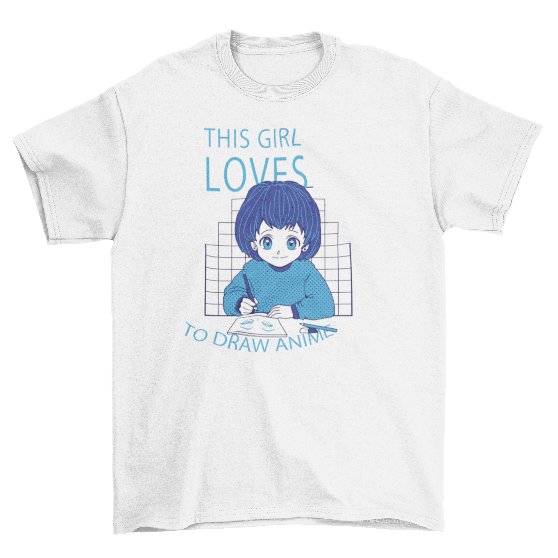 A stylish t-shirt featuring an anime girl illustration and the quote 'This girl loves to draw anime'.