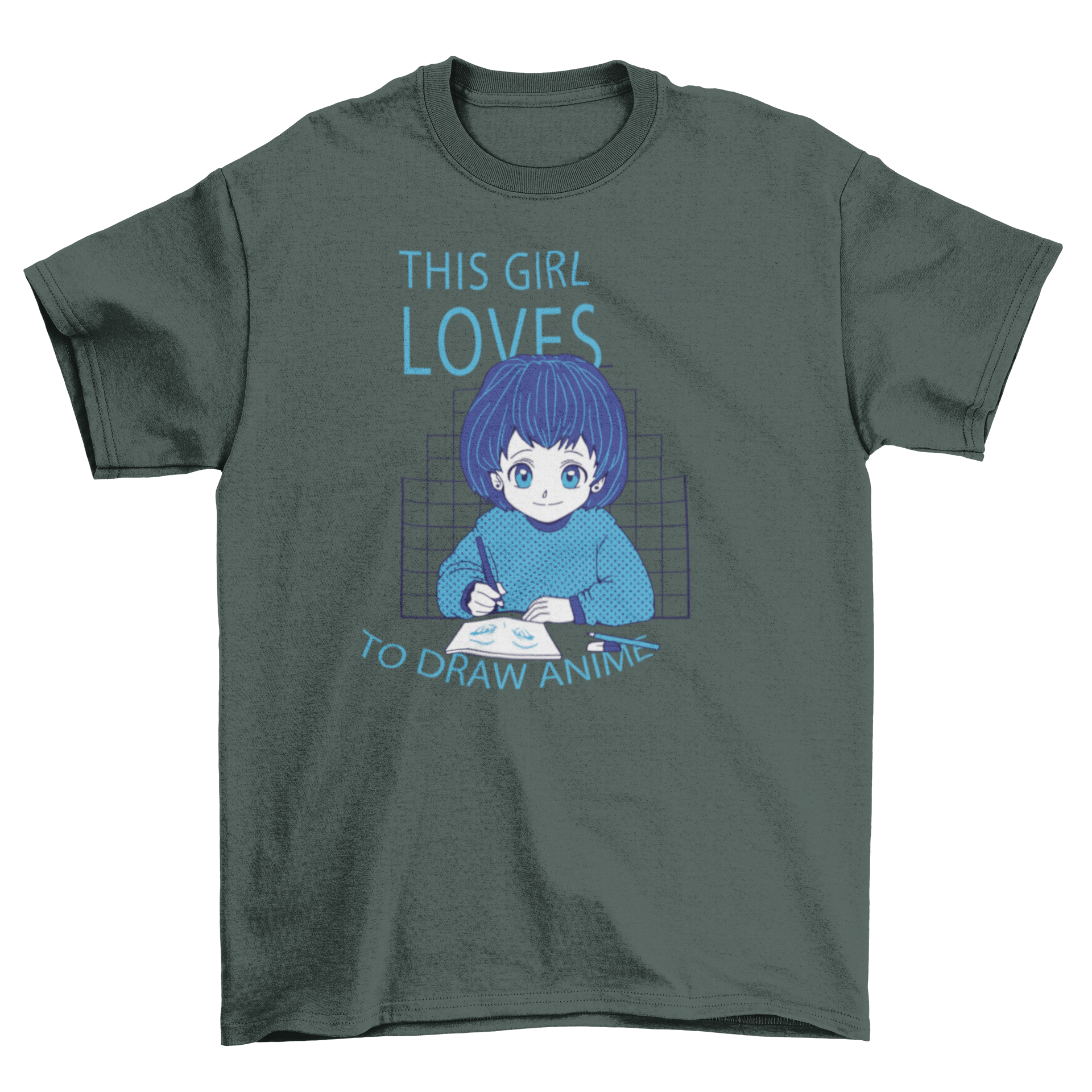 A stylish t-shirt featuring an anime girl illustration and the quote 'This girl loves to draw anime'.