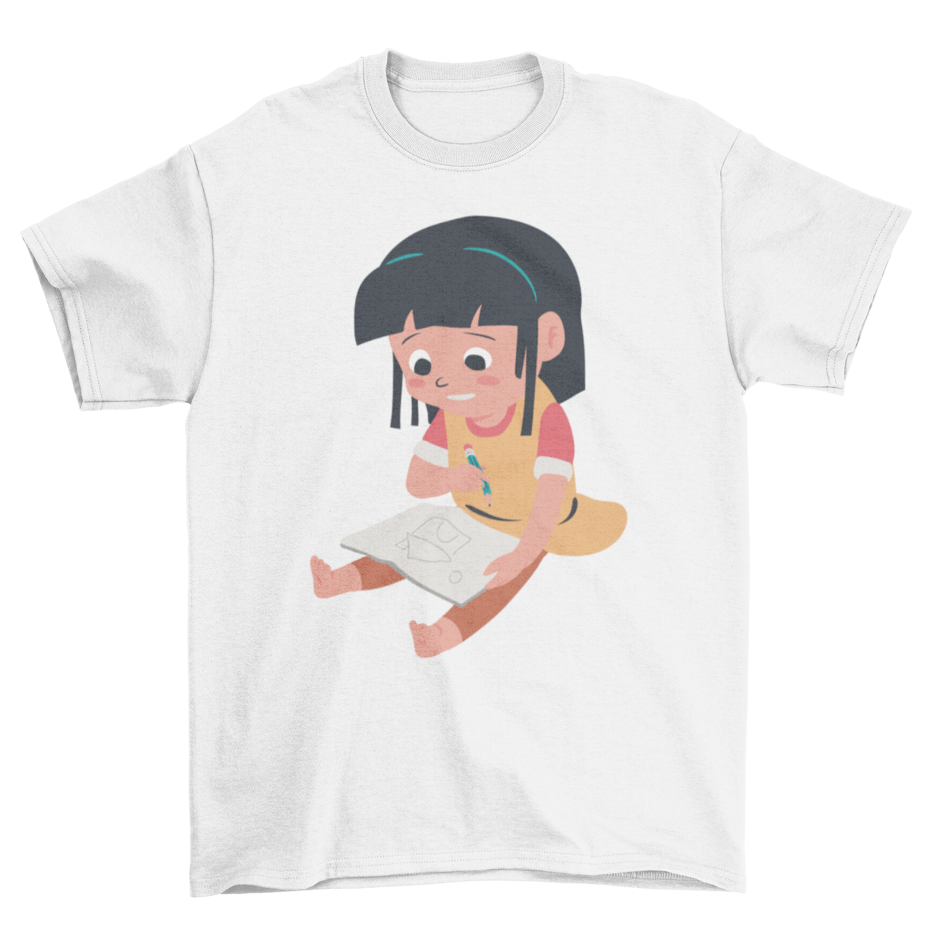 A cute t-shirt featuring a girl drawing a house in a flat style, perfect for kids.