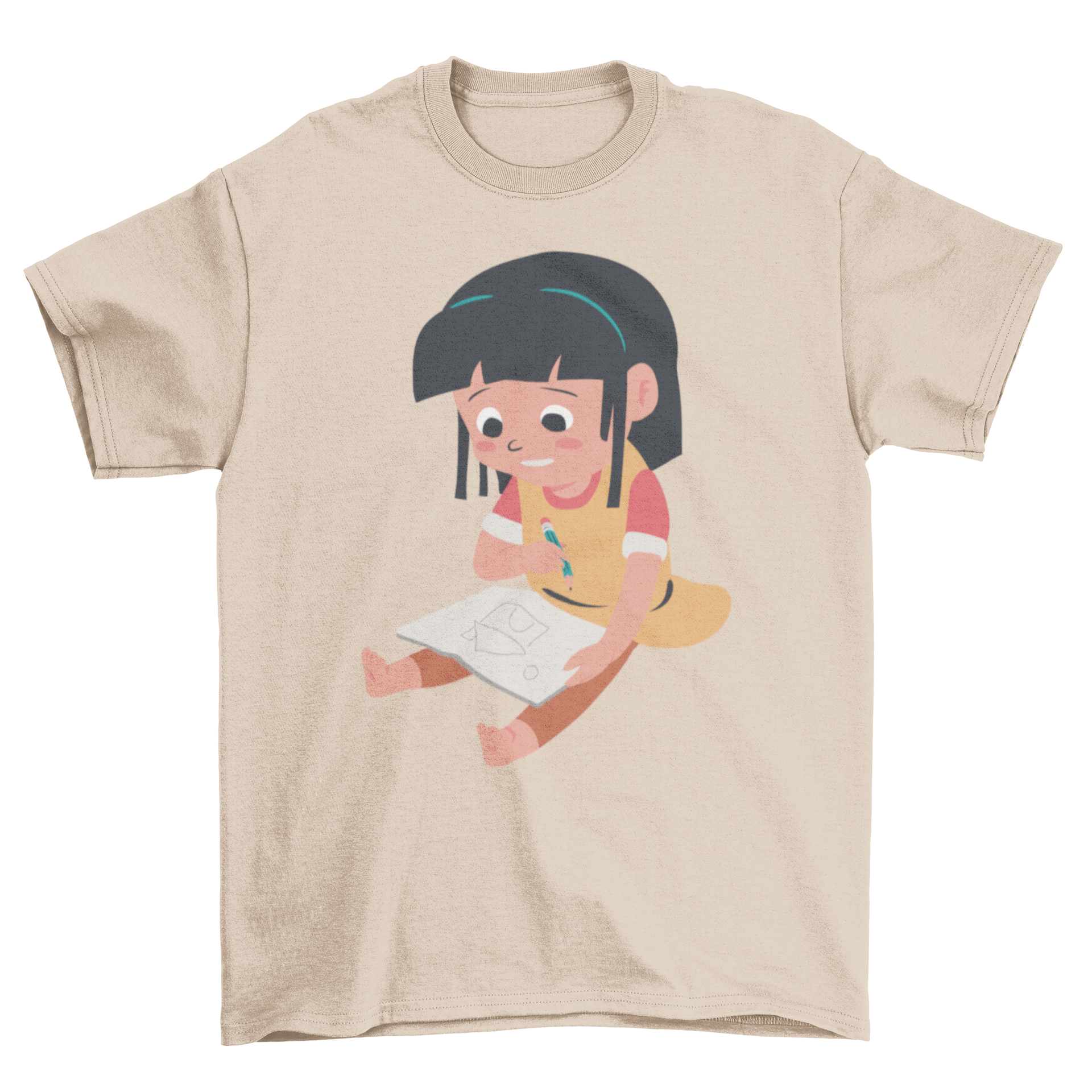 A cute t-shirt featuring a girl drawing a house in a flat style, perfect for kids.