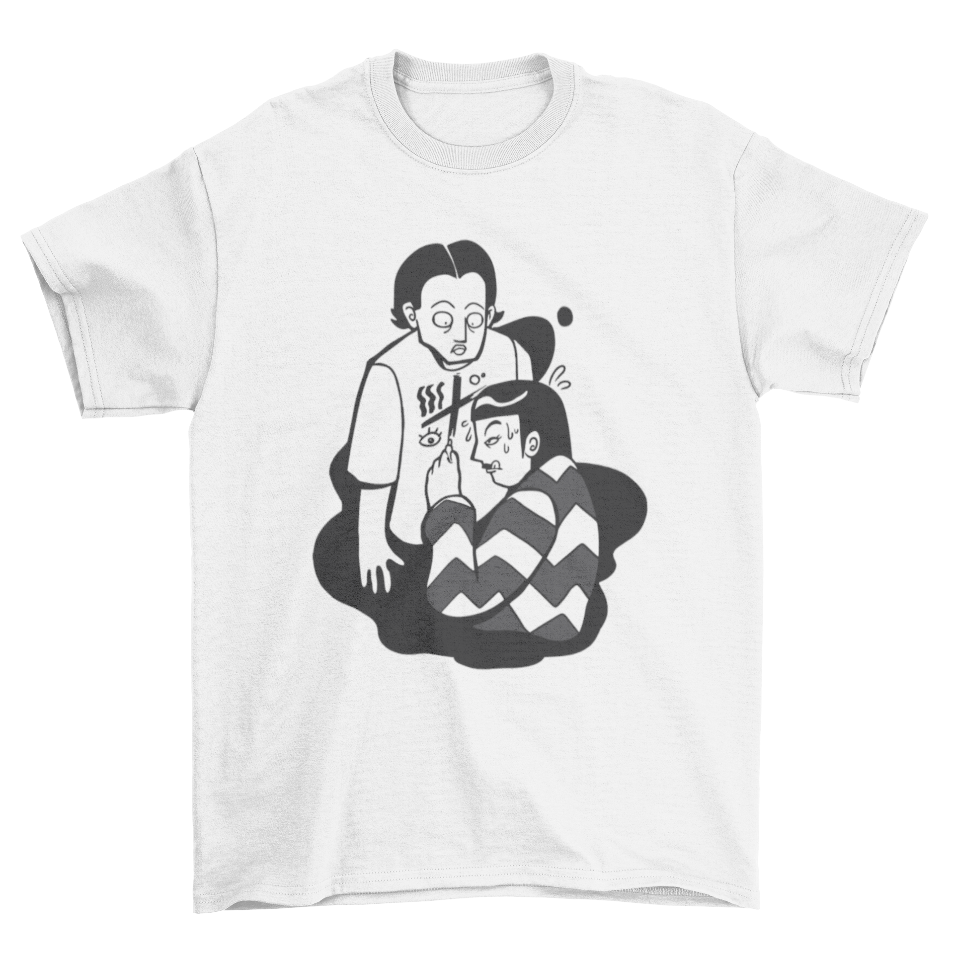 A creative T-shirt featuring a girl drawing on a man's chest, showcasing a playful and artistic design.