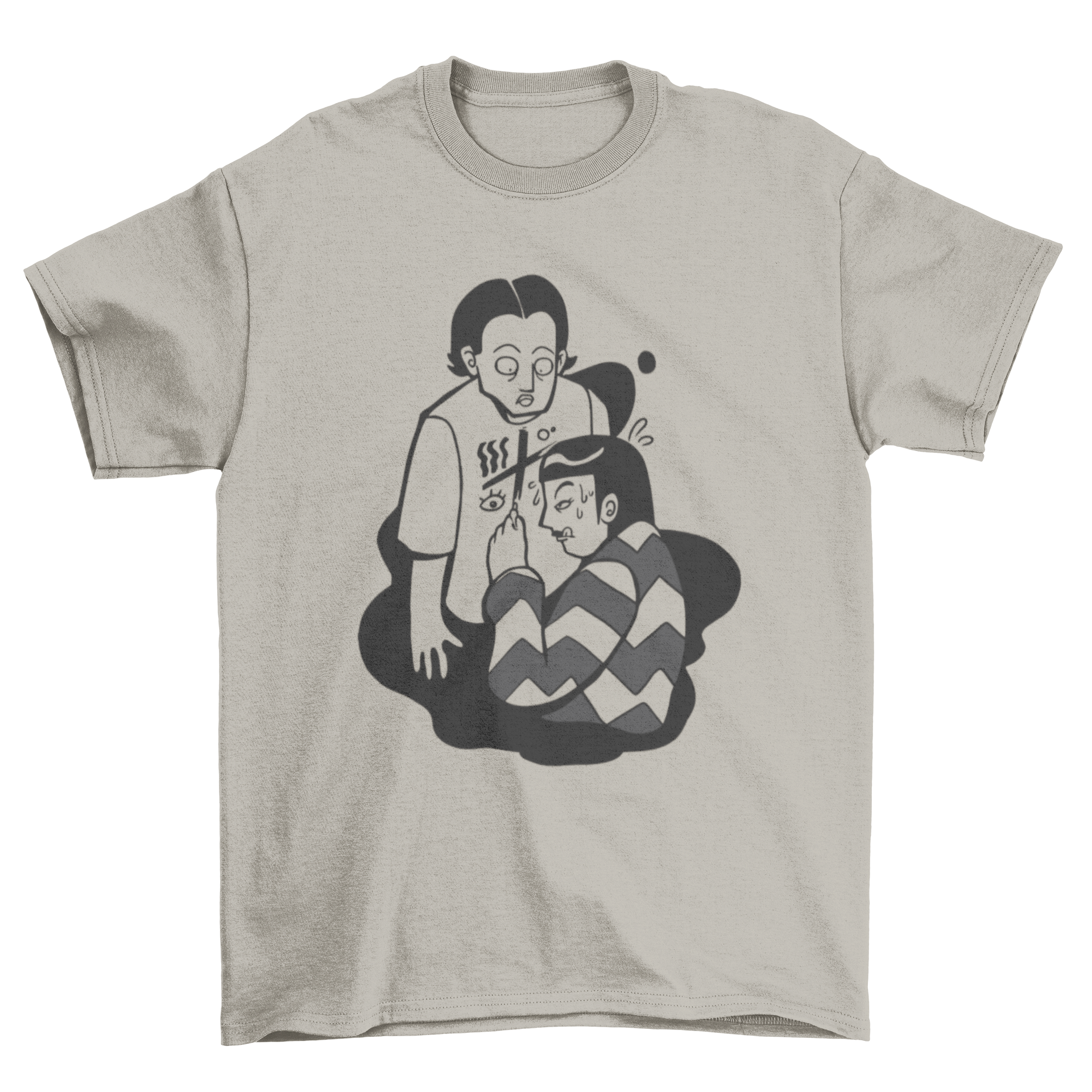 A creative T-shirt featuring a girl drawing on a man's chest, showcasing a playful and artistic design.