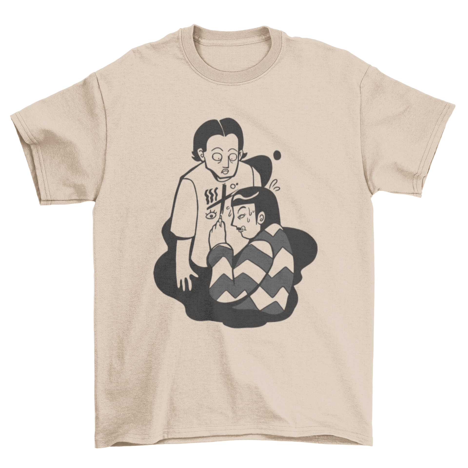 A creative T-shirt featuring a girl drawing on a man's chest, showcasing a playful and artistic design.