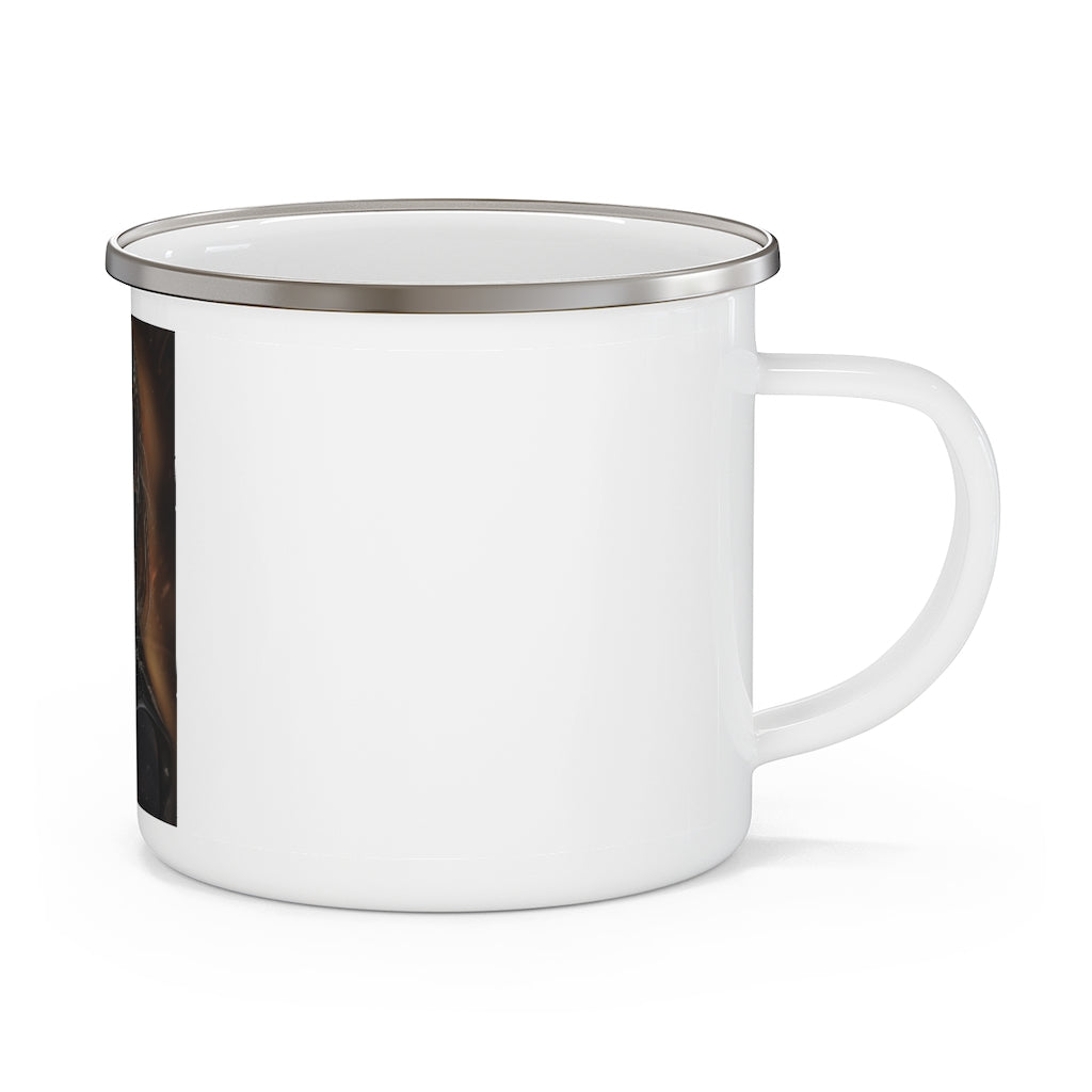 A stylish Girl Enamel Camping Mug with a C-handle, featuring a colorful design, perfect for outdoor adventures.