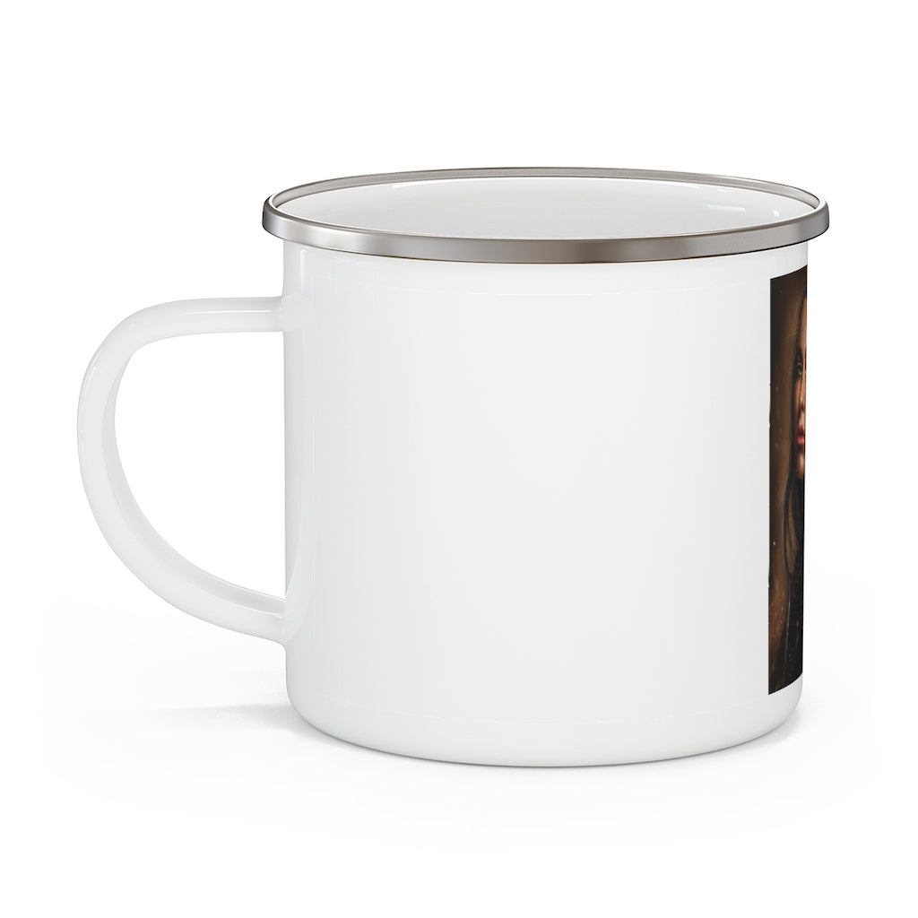 A stylish Girl Enamel Camping Mug with a C-handle, featuring a colorful design, perfect for outdoor adventures.