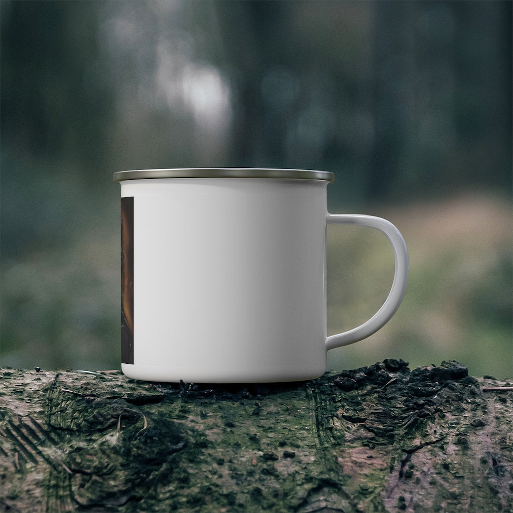 A stylish Girl Enamel Camping Mug with a C-handle, featuring a colorful design, perfect for outdoor adventures.