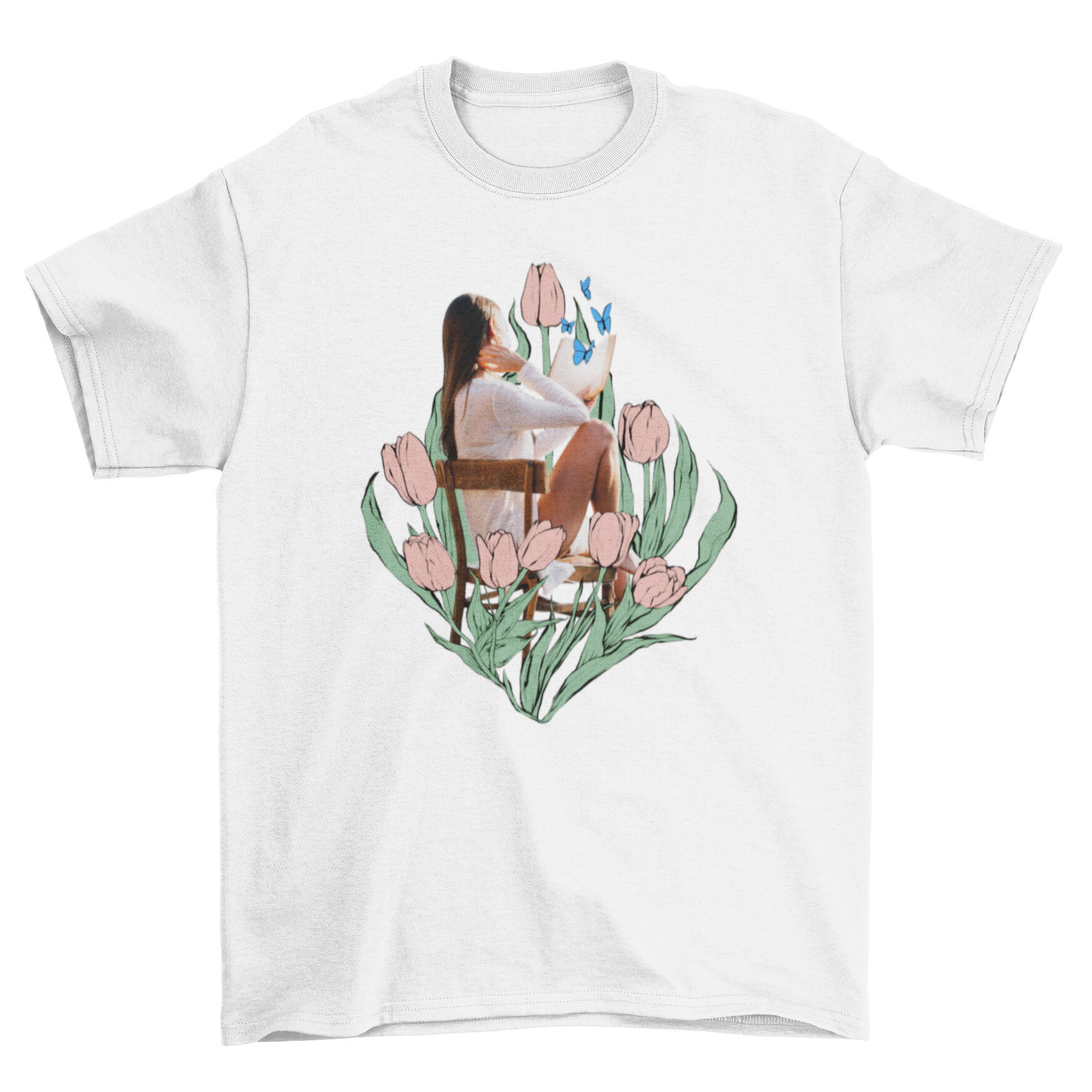 A stylish t-shirt featuring a girl sitting on a chair with drawn tulips, showcasing a unique artistic design.