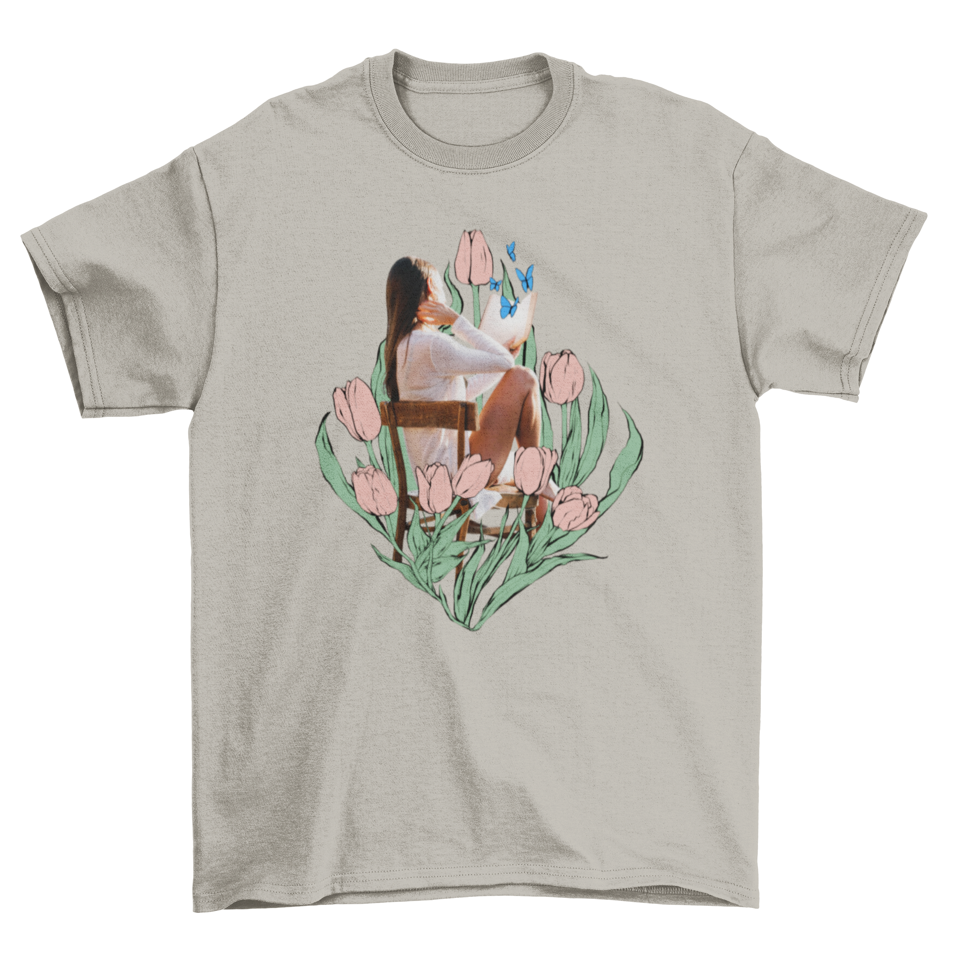 A stylish t-shirt featuring a girl sitting on a chair with drawn tulips, showcasing a unique artistic design.