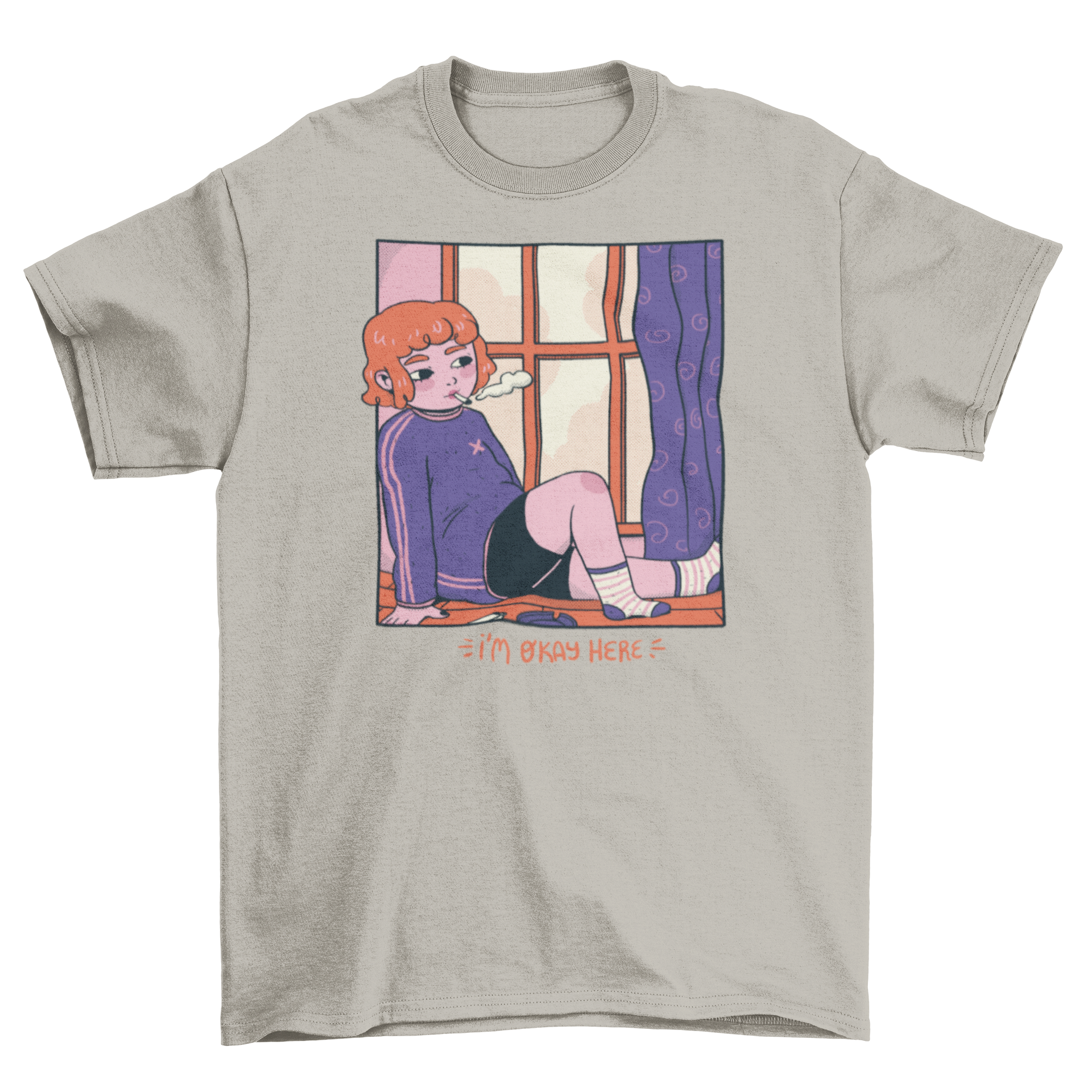 Cozy comic t-shirt featuring a girl by a window with a quote.