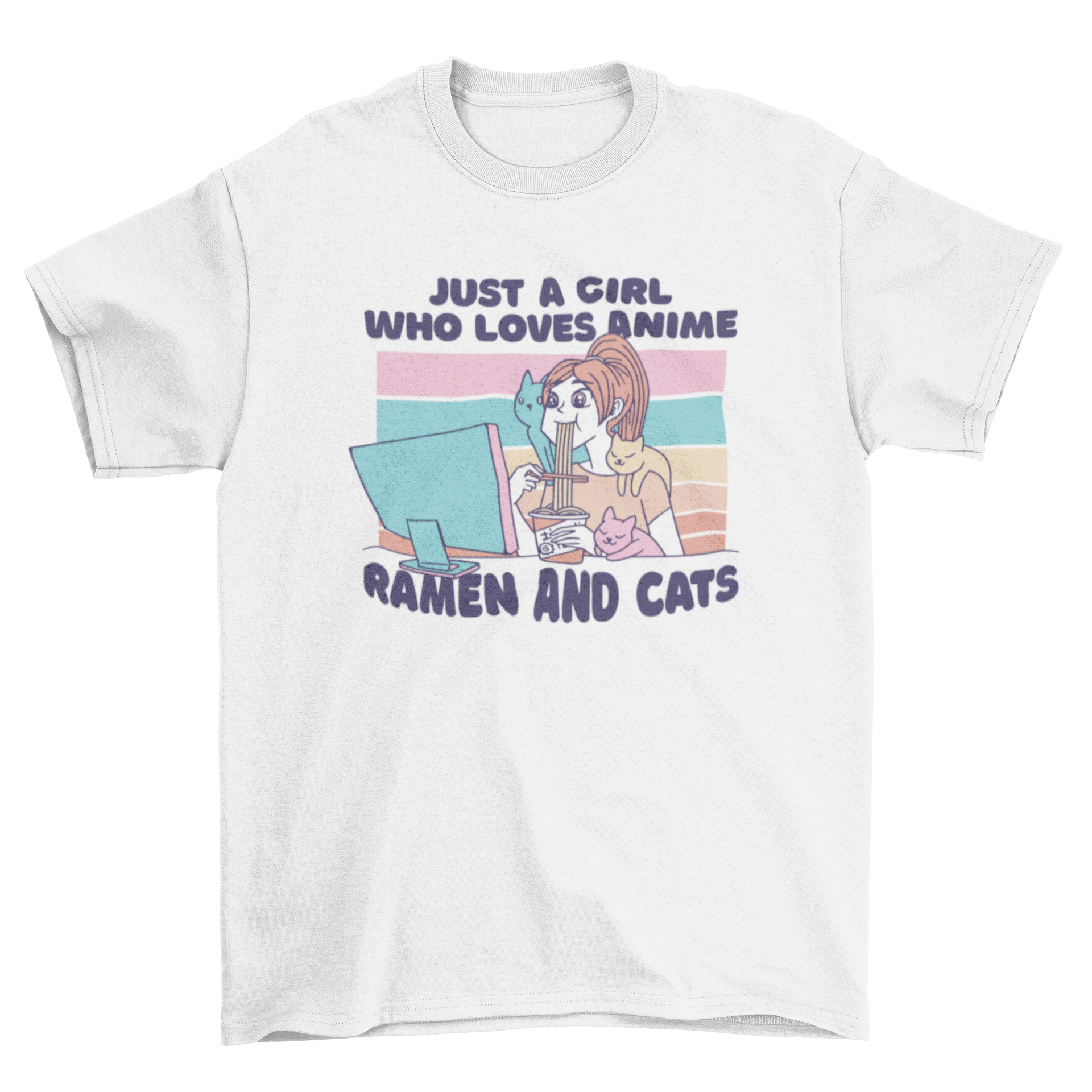 A colorful t-shirt design featuring a girl eating ramen with three cats around her, showcasing the quote about anime, ramen, and cats.