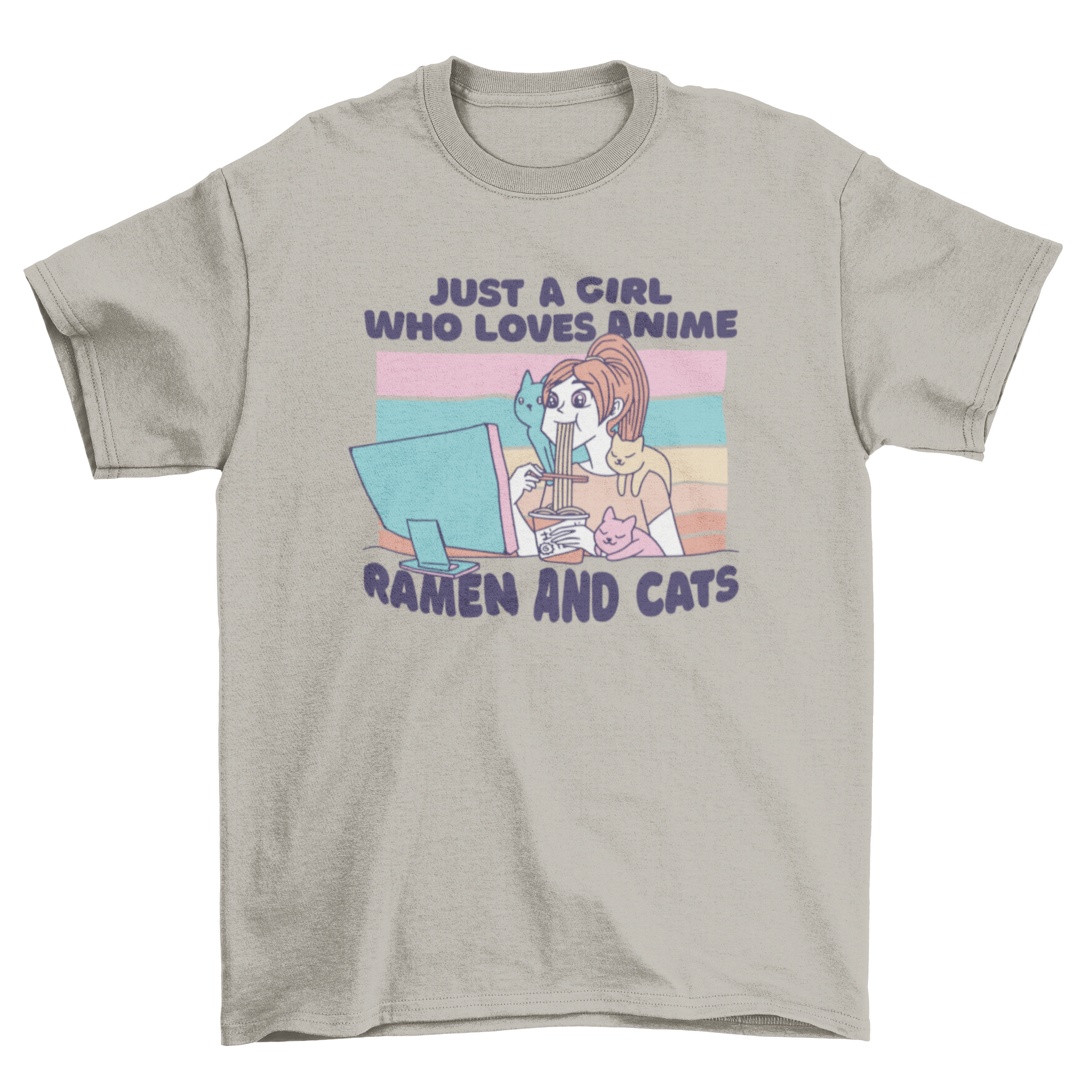 A colorful t-shirt design featuring a girl eating ramen with three cats around her, showcasing the quote about anime, ramen, and cats.