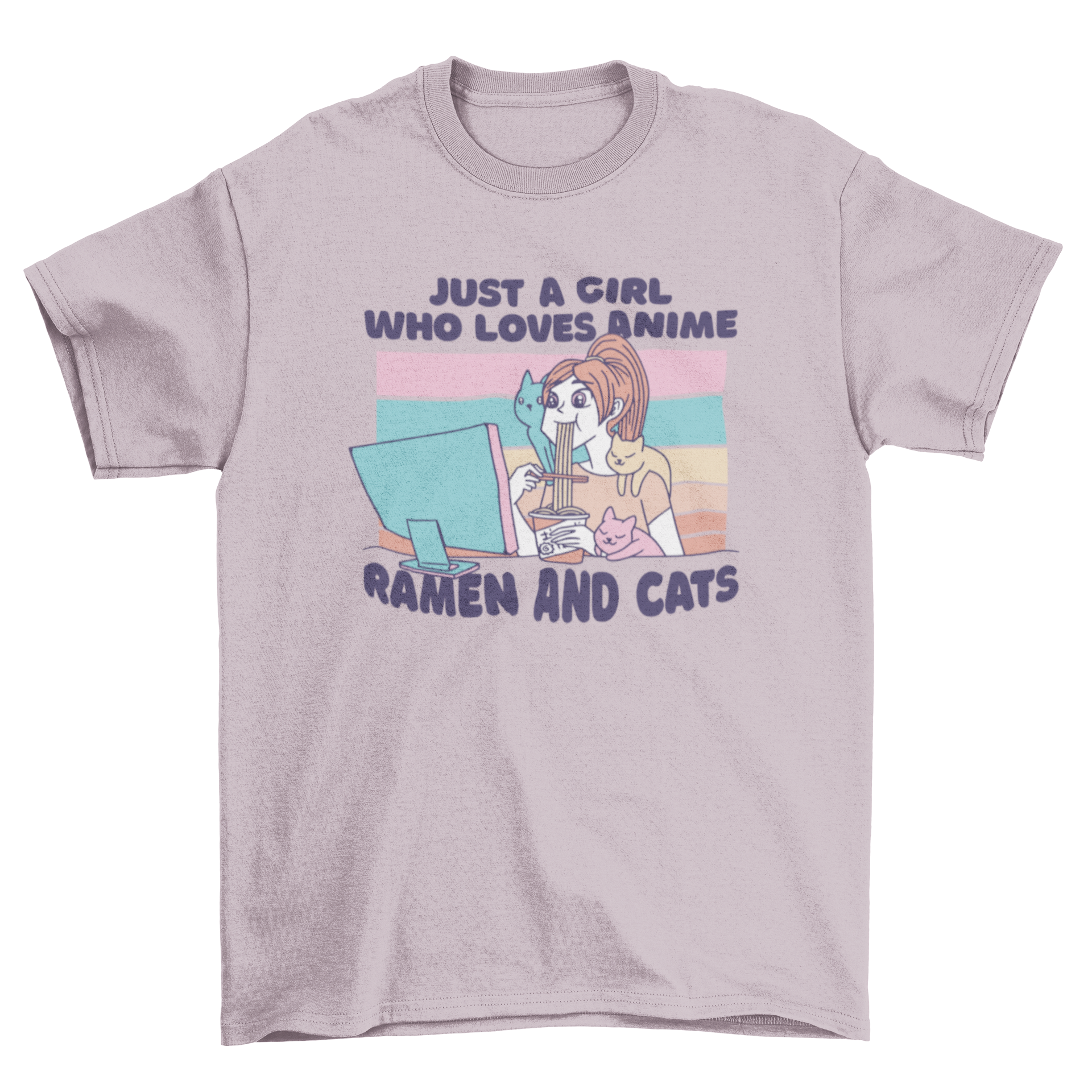 A colorful t-shirt design featuring a girl eating ramen with three cats around her, showcasing the quote about anime, ramen, and cats.