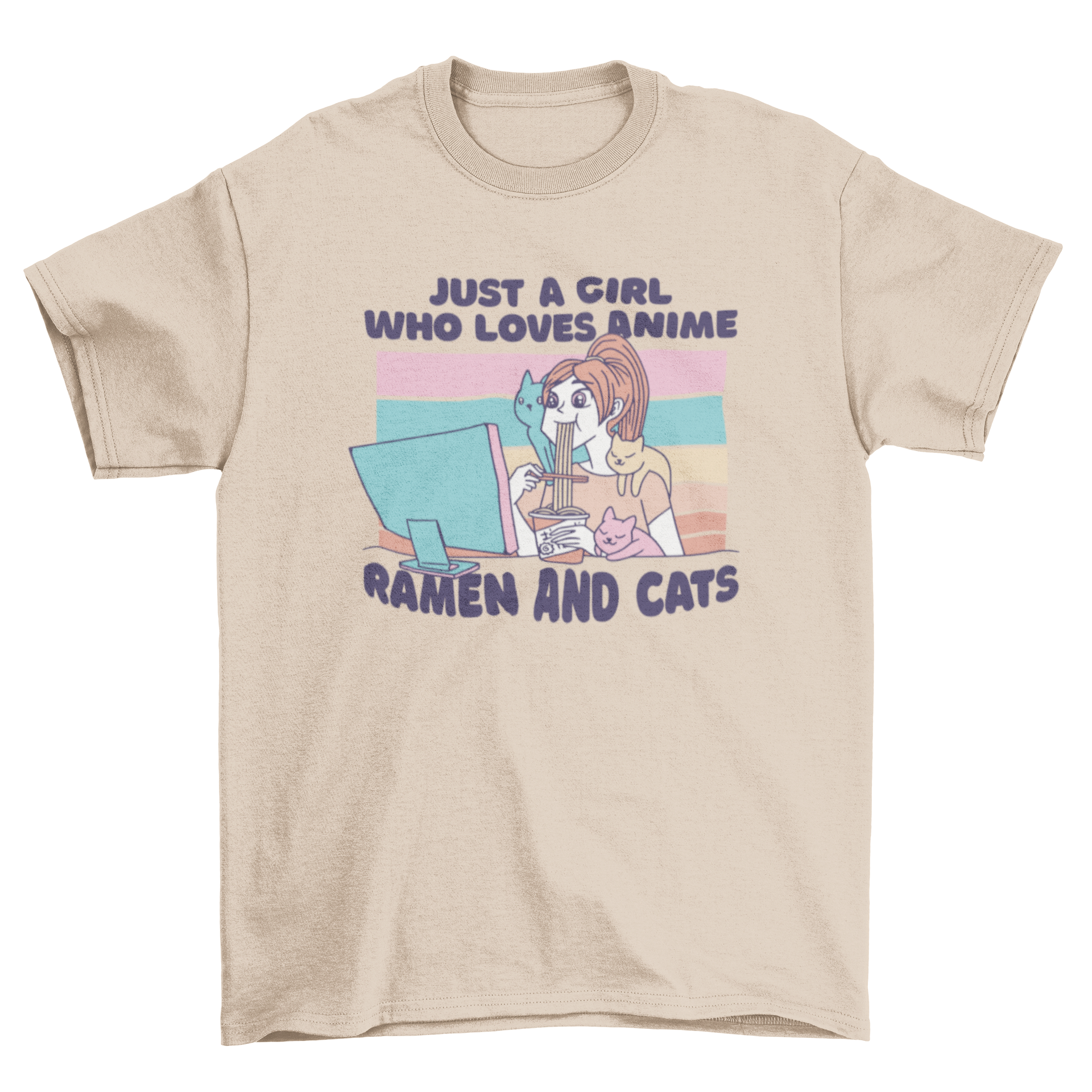 A colorful t-shirt design featuring a girl eating ramen with three cats around her, showcasing the quote about anime, ramen, and cats.