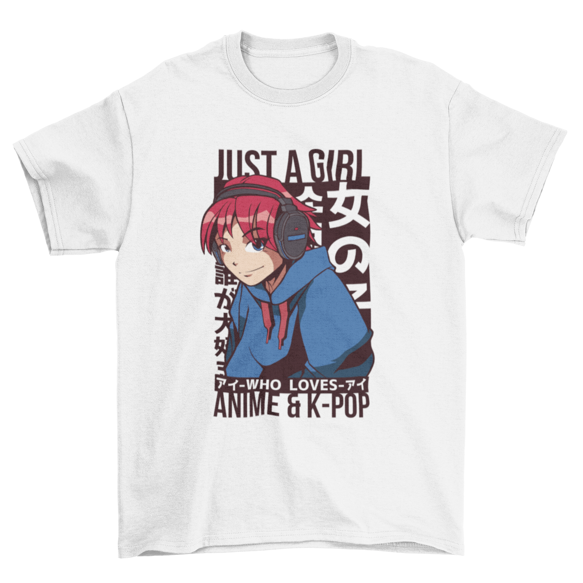 A stylish t-shirt featuring an anime girl and the text 'Just a girl who loves anime & Kpop', perfect for fans.