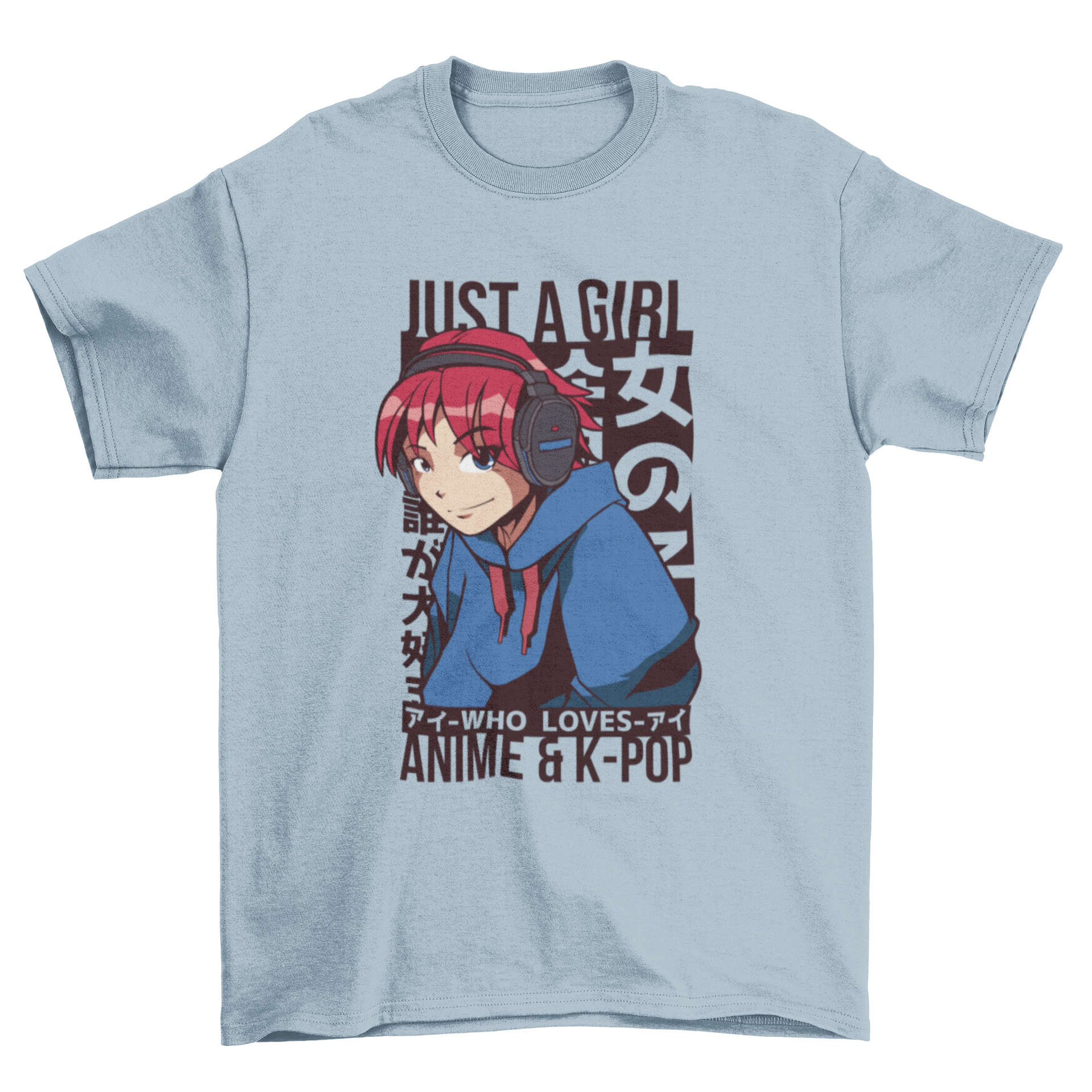 A stylish t-shirt featuring an anime girl and the text 'Just a girl who loves anime & Kpop', perfect for fans.