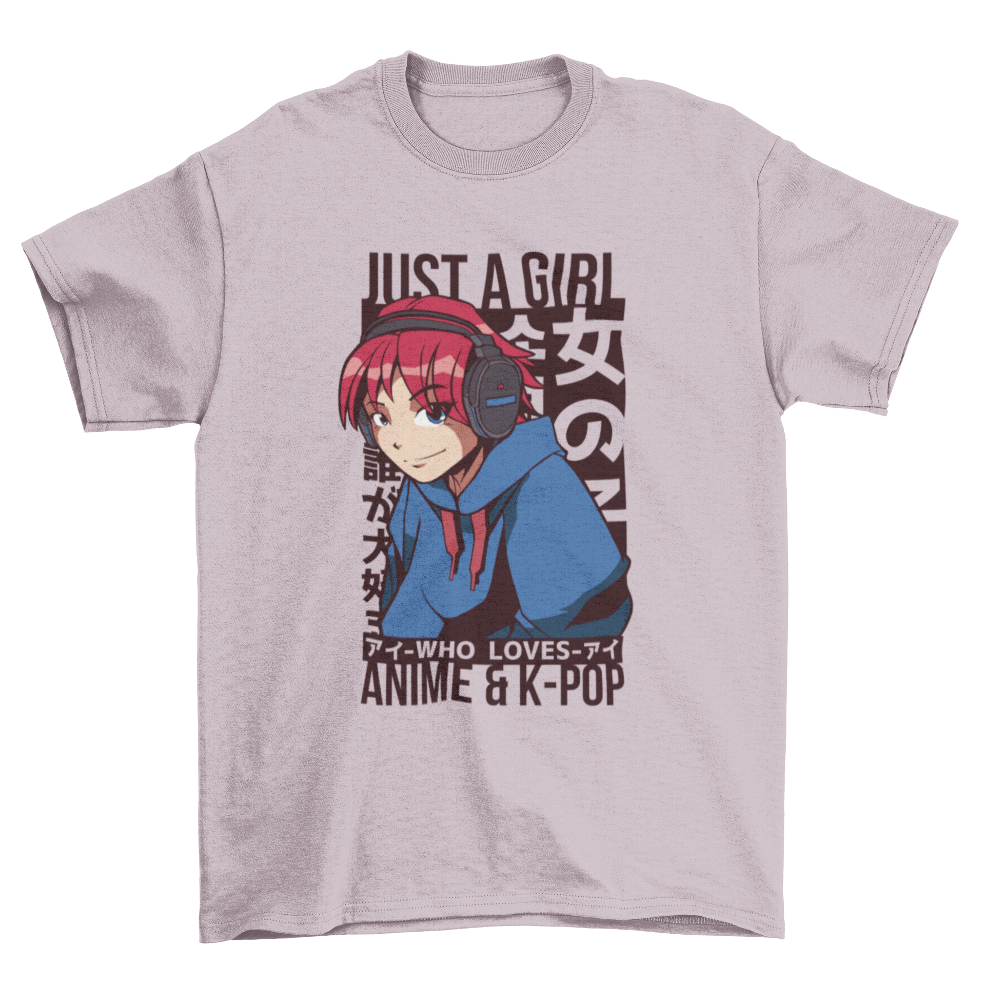 A stylish t-shirt featuring an anime girl and the text 'Just a girl who loves anime & Kpop', perfect for fans.