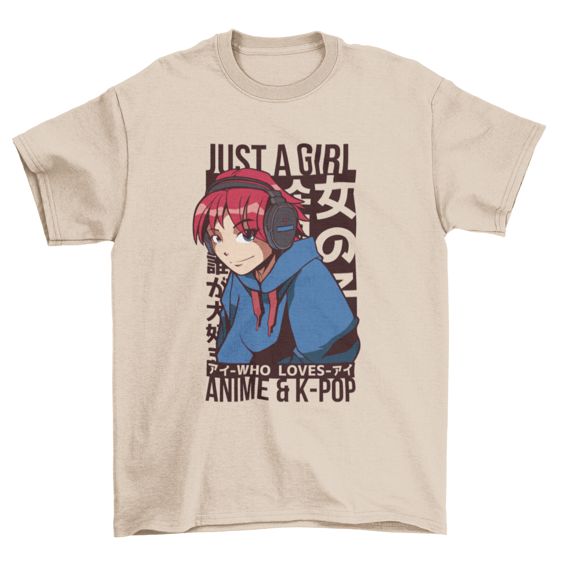 A stylish t-shirt featuring an anime girl and the text 'Just a girl who loves anime & Kpop', perfect for fans.