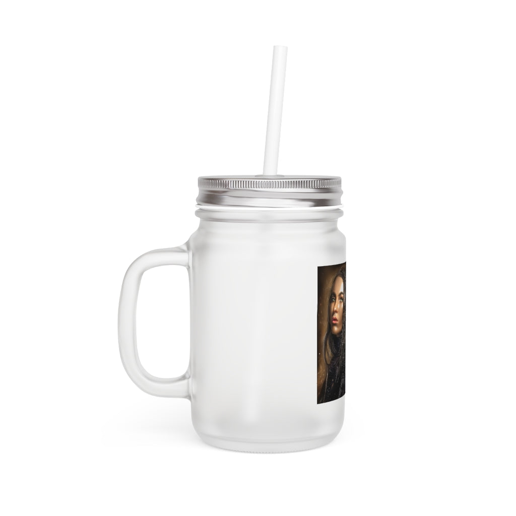 A stylish 16oz Girl Mason Jar made of frosted glass, featuring a straw and lid, perfect for personalized drinks.