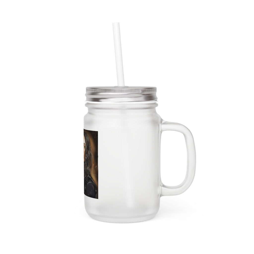 A stylish 16oz Girl Mason Jar made of frosted glass, featuring a straw and lid, perfect for personalized drinks.