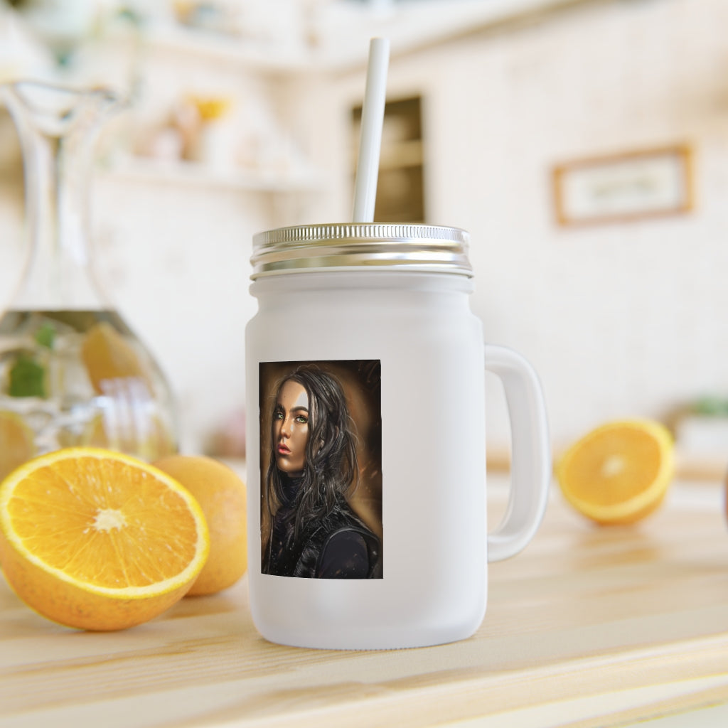 A stylish 16oz Girl Mason Jar made of frosted glass, featuring a straw and lid, perfect for personalized drinks.