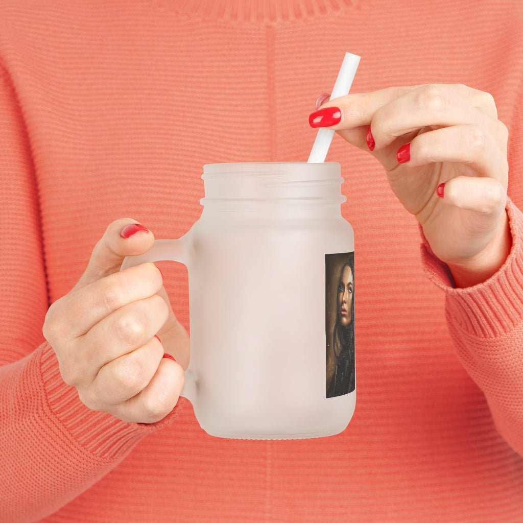 A stylish 16oz Girl Mason Jar made of frosted glass, featuring a straw and lid, perfect for personalized drinks.