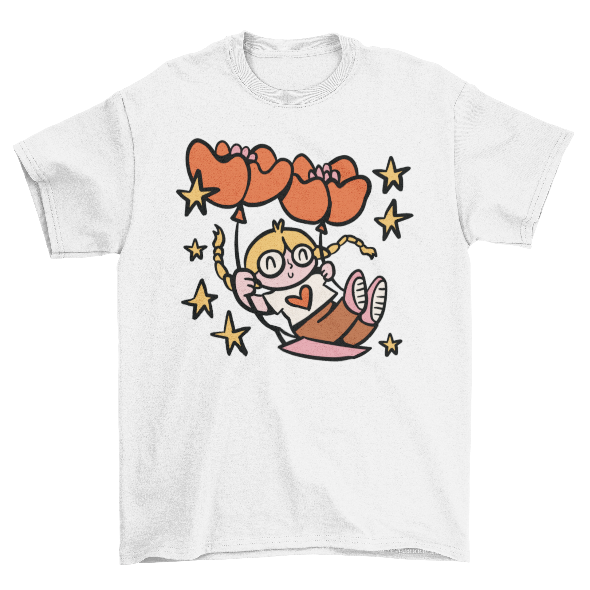 A charming t-shirt featuring a little girl swinging with heart-shaped balloons, perfect for kids.