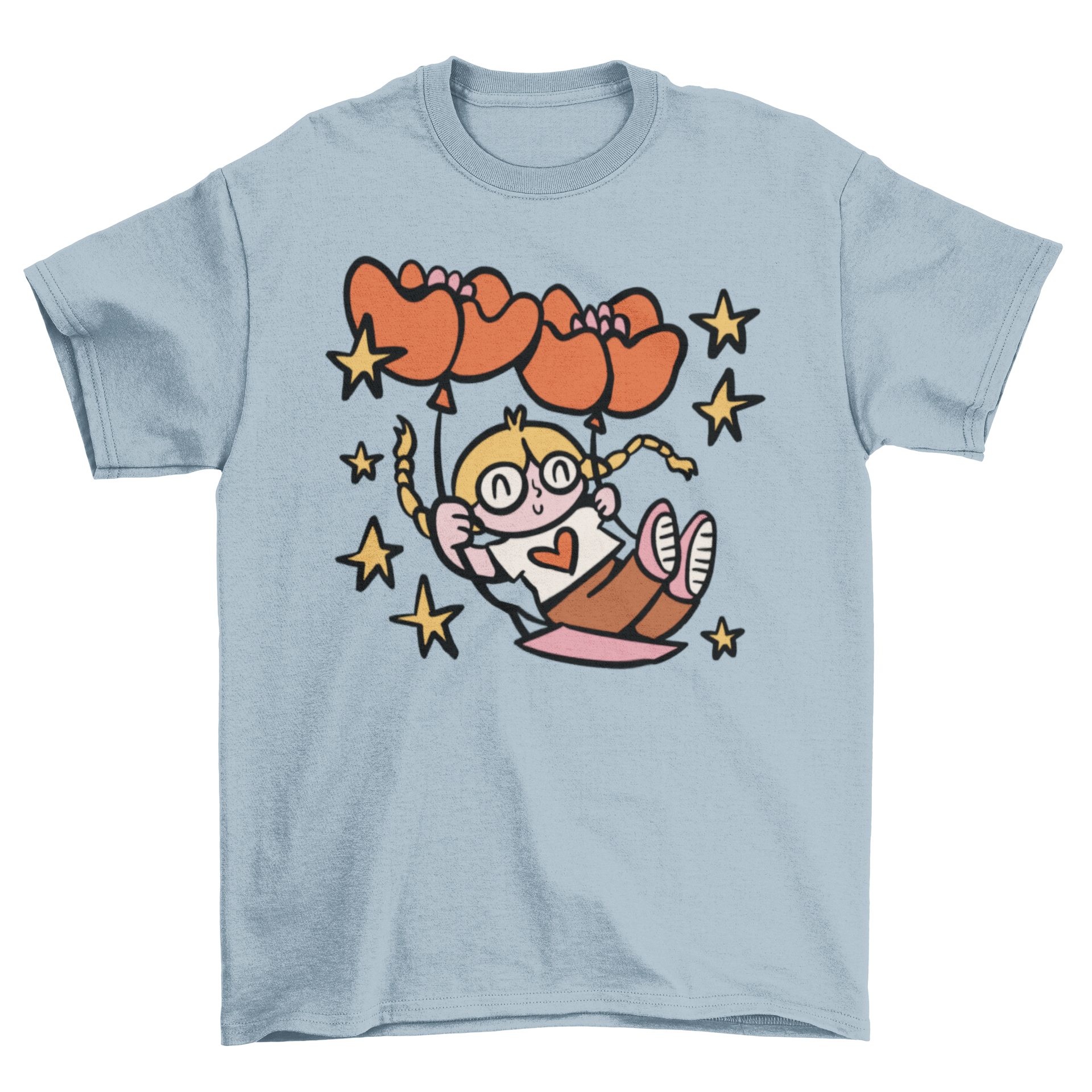 A charming t-shirt featuring a little girl swinging with heart-shaped balloons, perfect for kids.