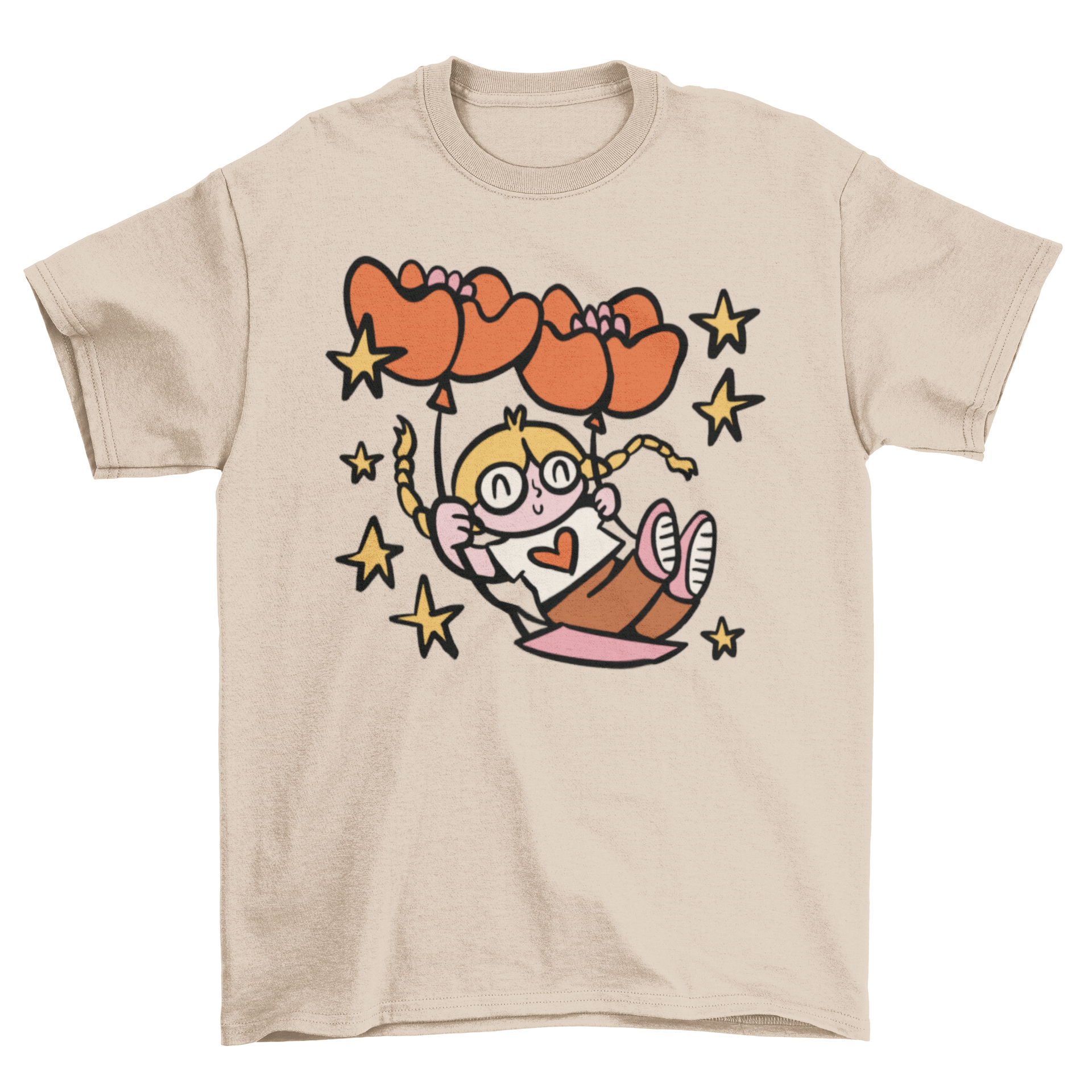 A charming t-shirt featuring a little girl swinging with heart-shaped balloons, perfect for kids.