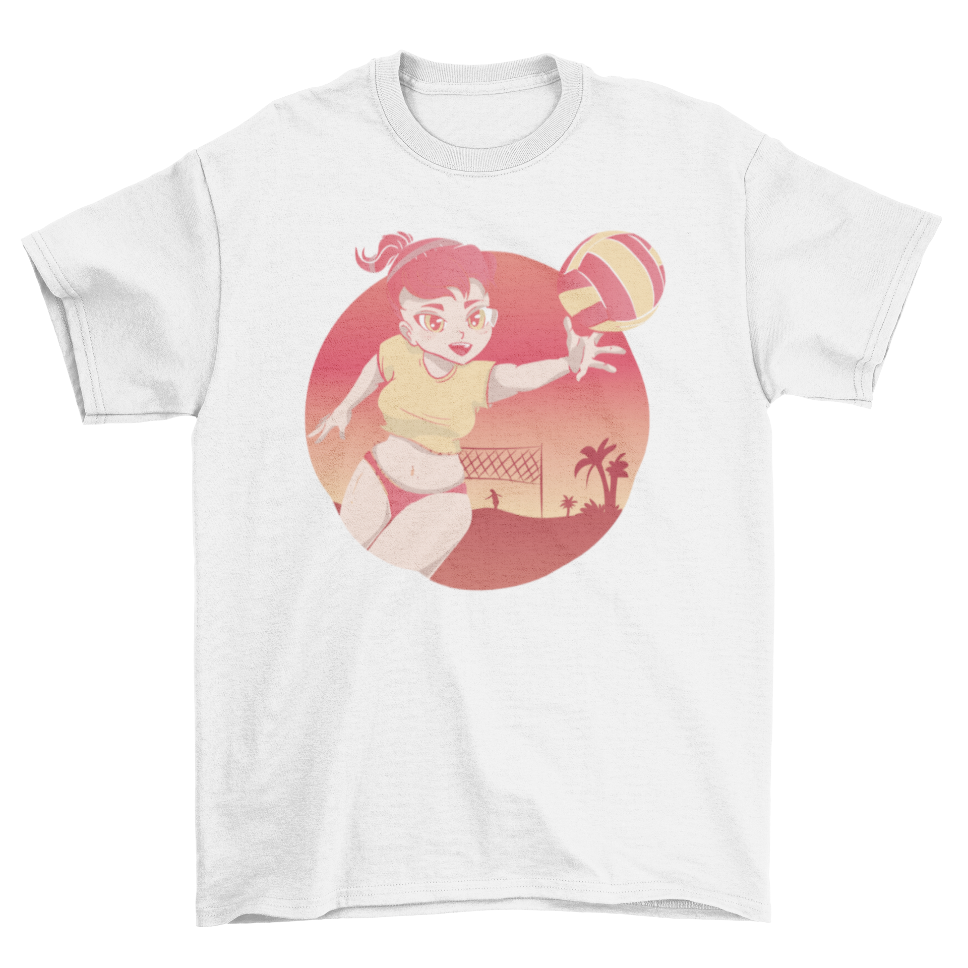 A vibrant t-shirt featuring a girl playing beach volleyball, showcasing dynamic action and colorful design.