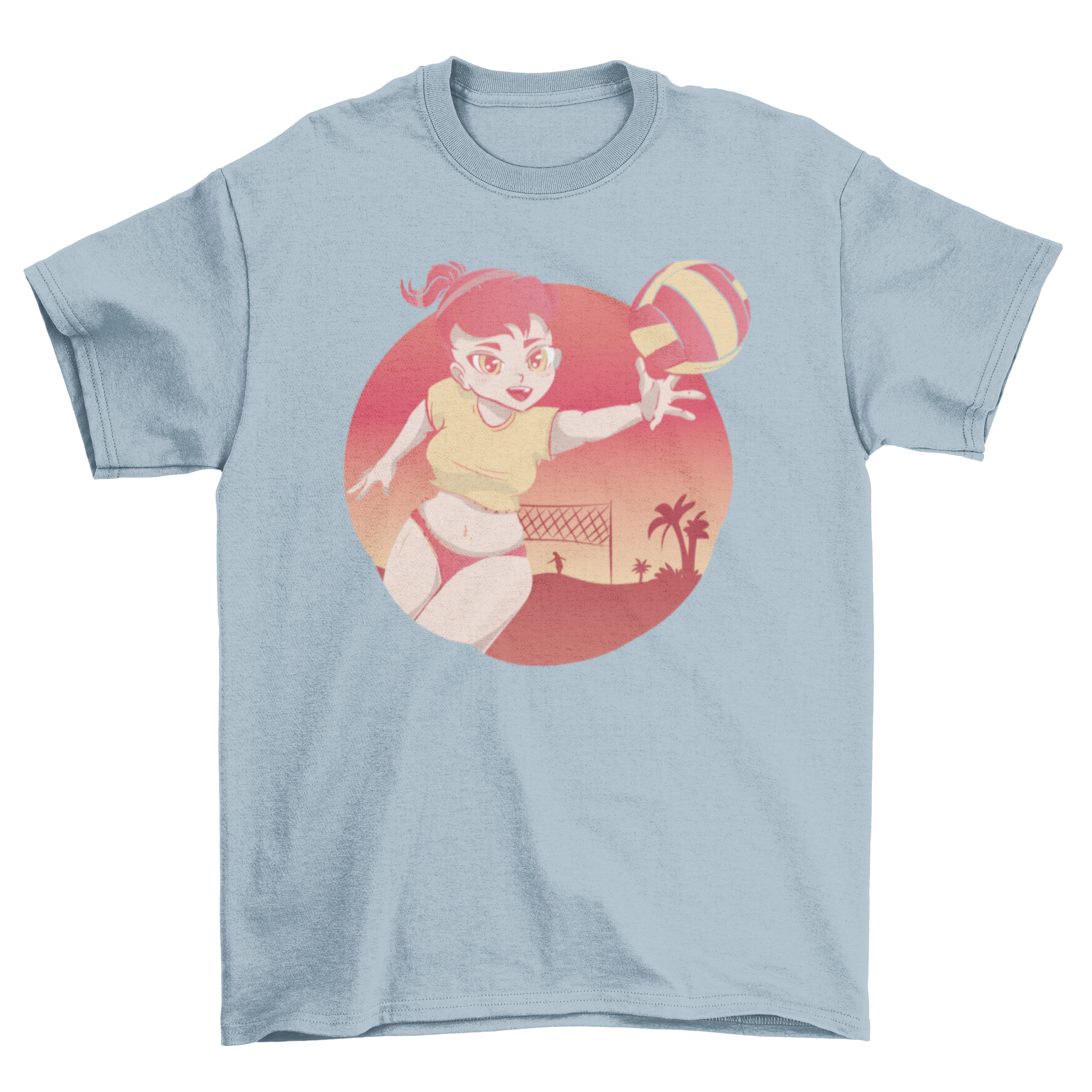 A vibrant t-shirt featuring a girl playing beach volleyball, showcasing dynamic action and colorful design.