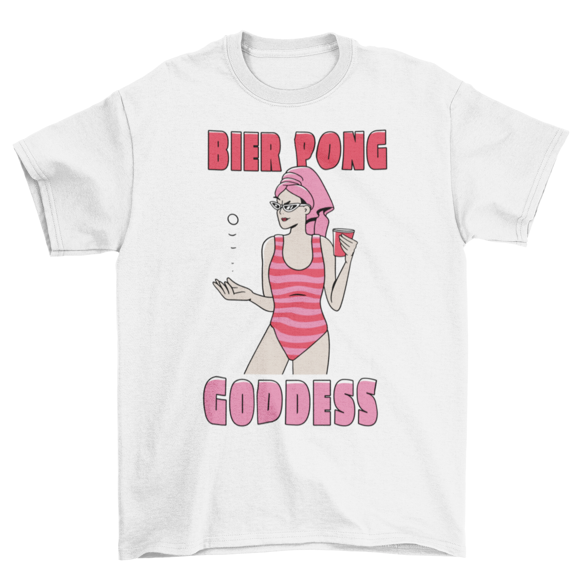 A fun t-shirt featuring a woman in a swimsuit playing beer pong with a ball and cup, showcasing the quote 'Bier pong goddess'.