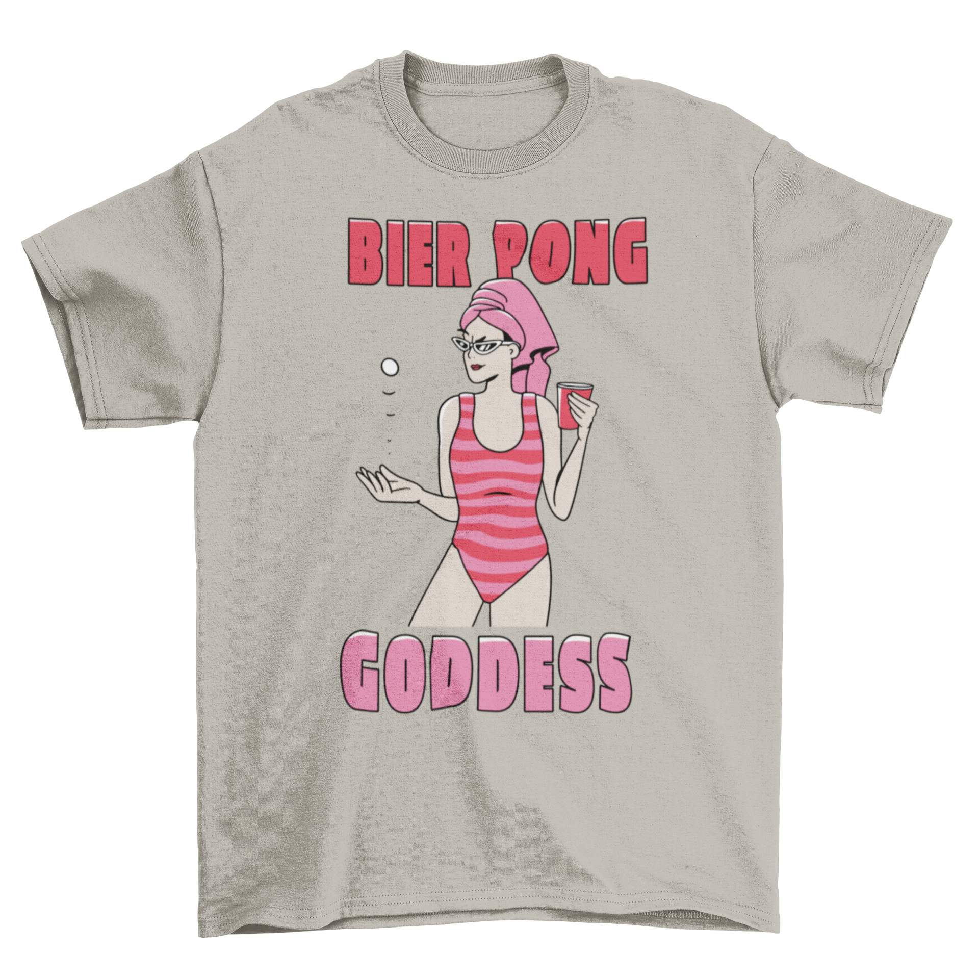 A fun t-shirt featuring a woman in a swimsuit playing beer pong with a ball and cup, showcasing the quote 'Bier pong goddess'.