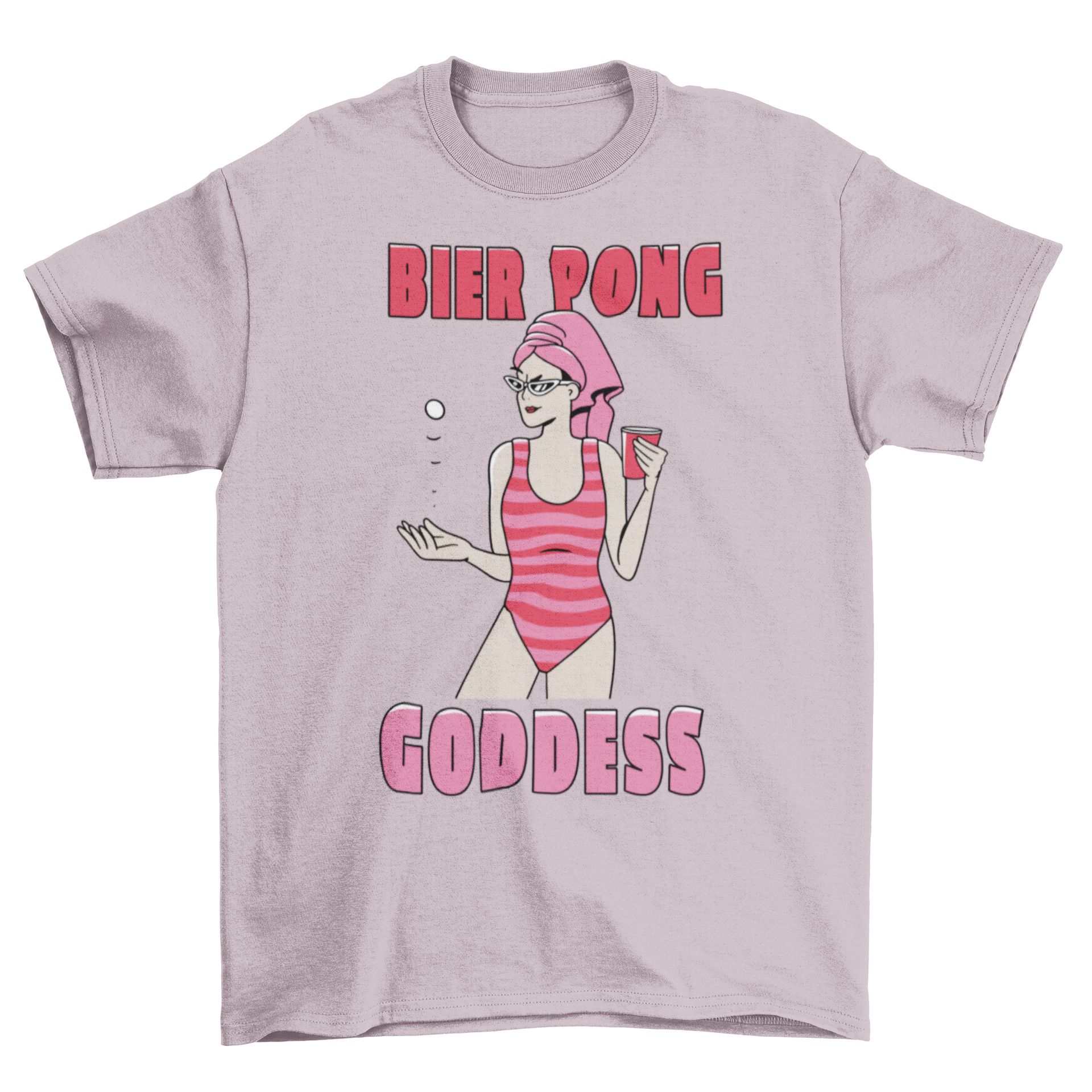 A fun t-shirt featuring a woman in a swimsuit playing beer pong with a ball and cup, showcasing the quote 'Bier pong goddess'.