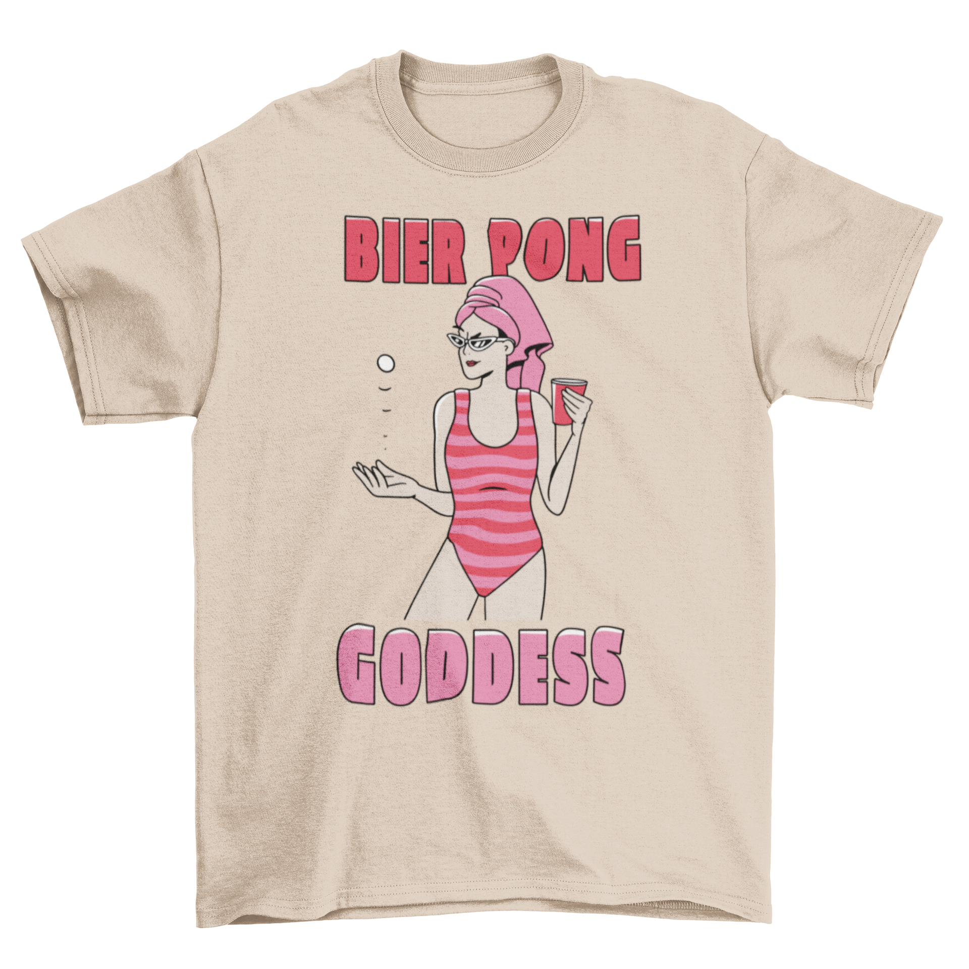 A fun t-shirt featuring a woman in a swimsuit playing beer pong with a ball and cup, showcasing the quote 'Bier pong goddess'.